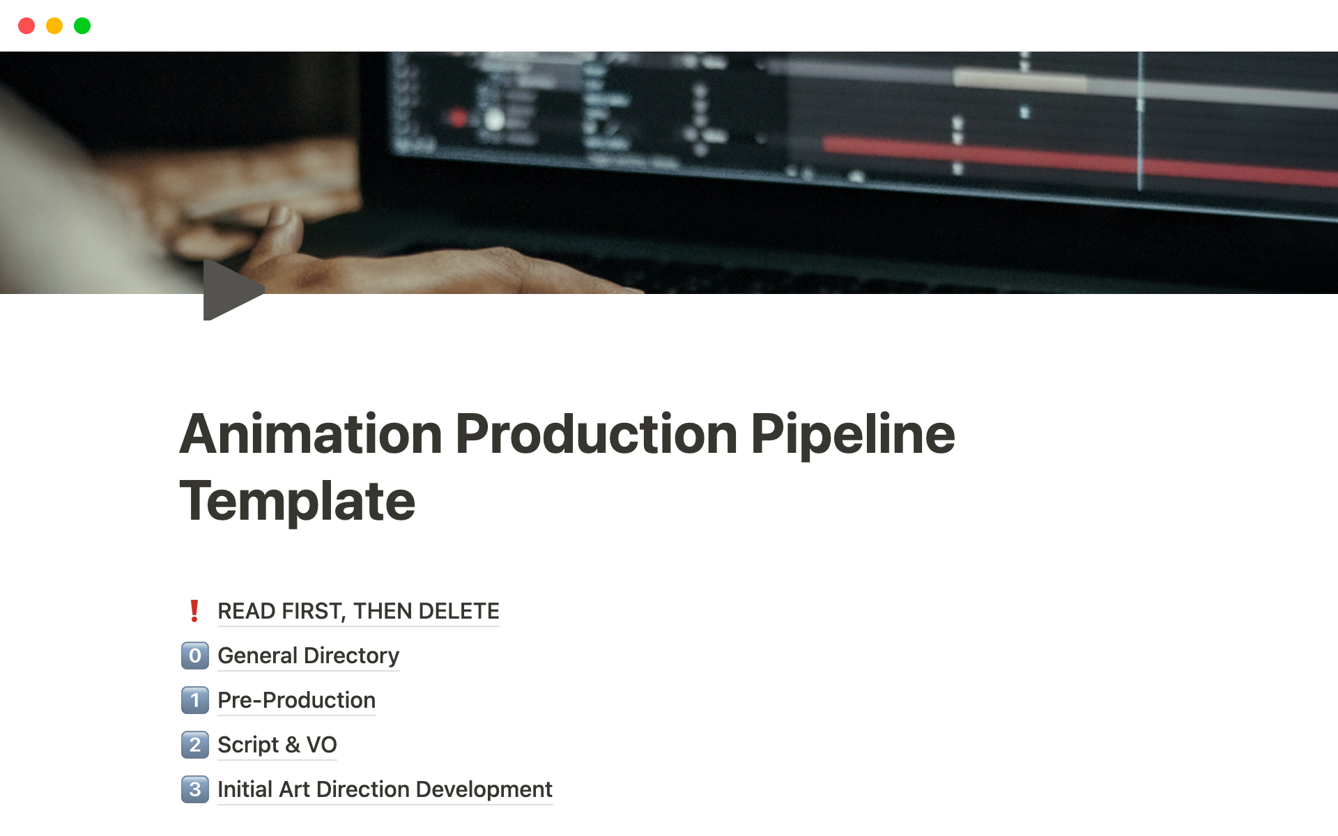A template preview for Animation production pipeline