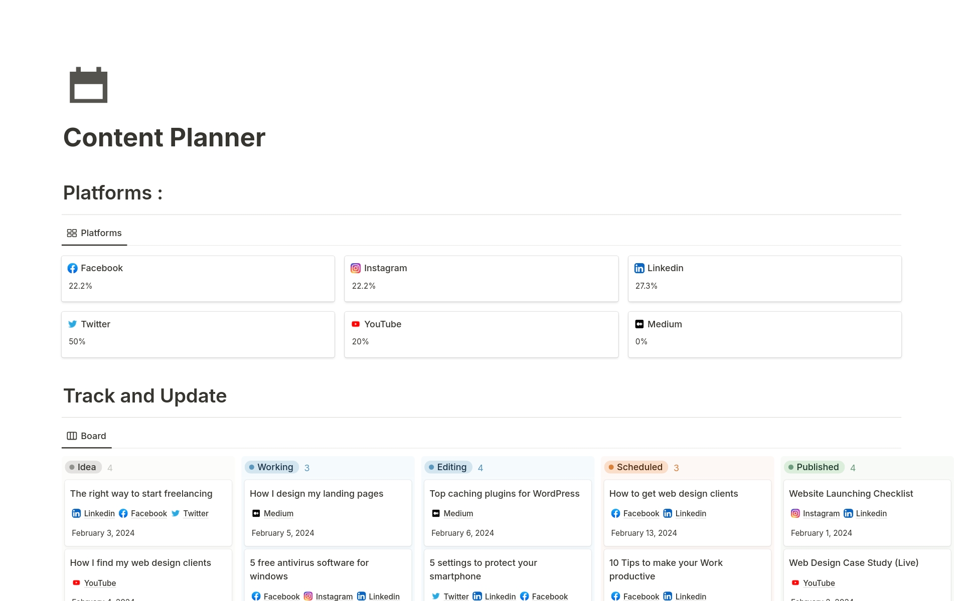 
Manage and plan your social media content easily.

This Content Planner notion template is the ultimate tool for planning, tracking, and managing your content creation process.