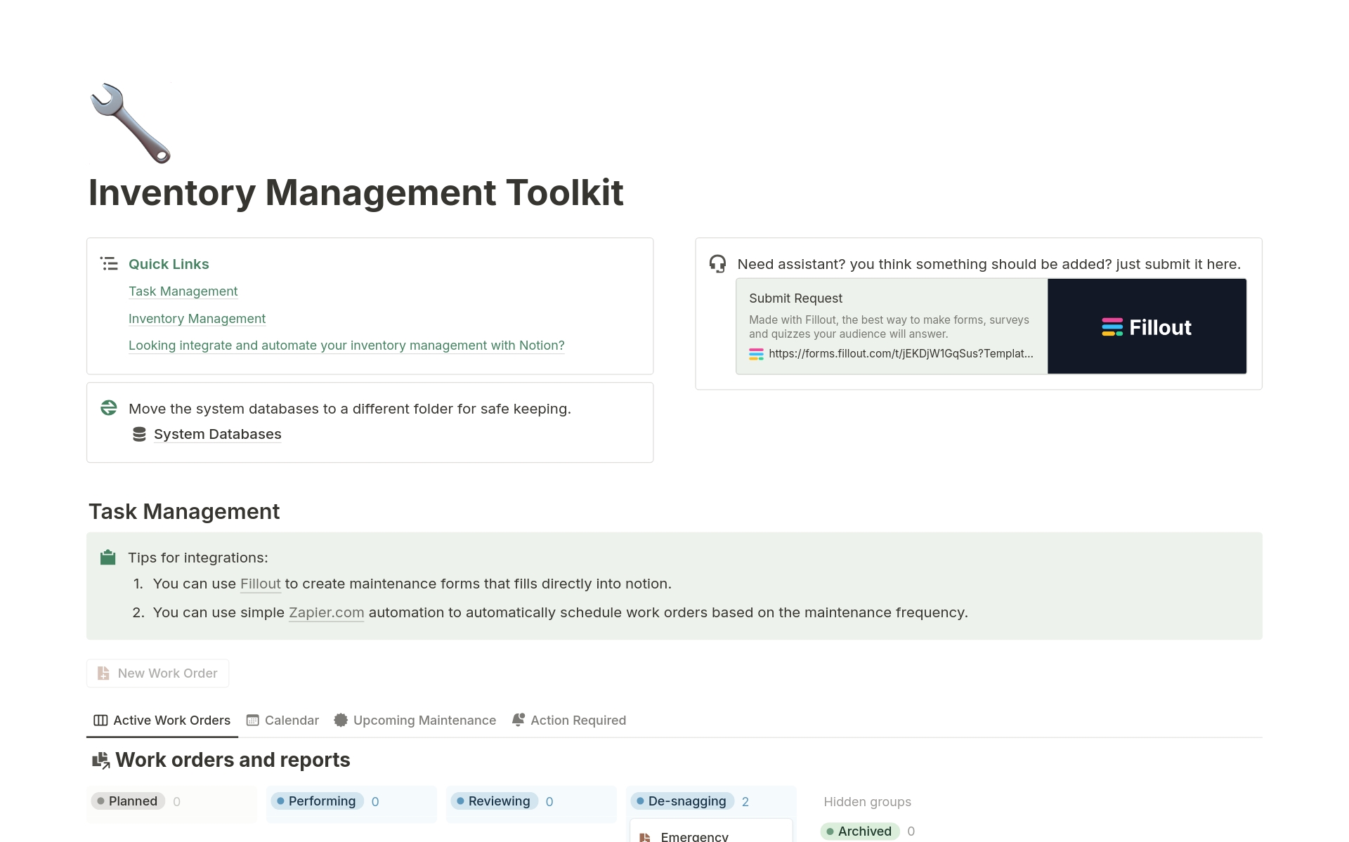 A template preview for Equipment Maintenance Toolkit