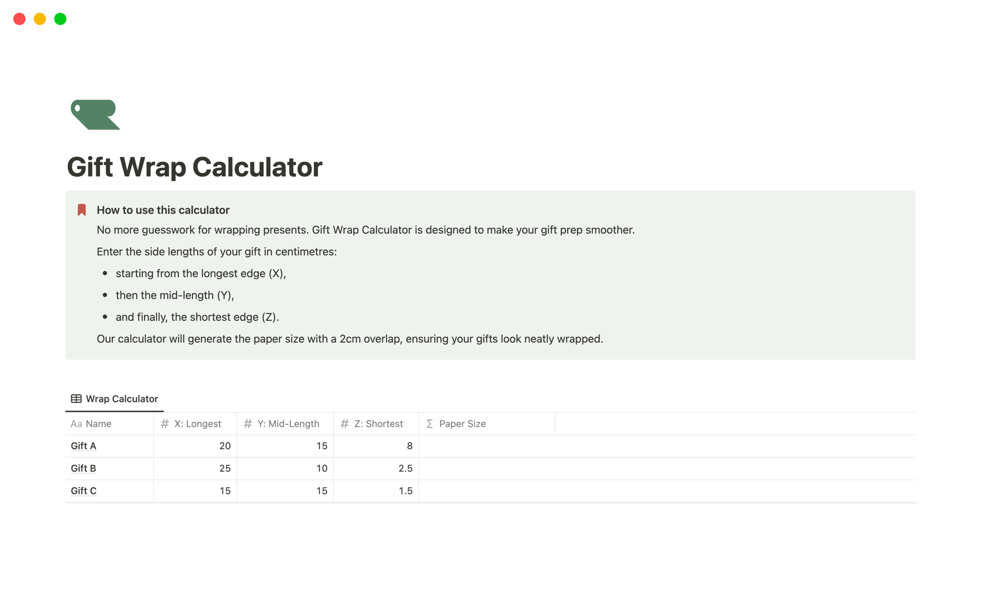 A template preview for Gift Wrap Calculator