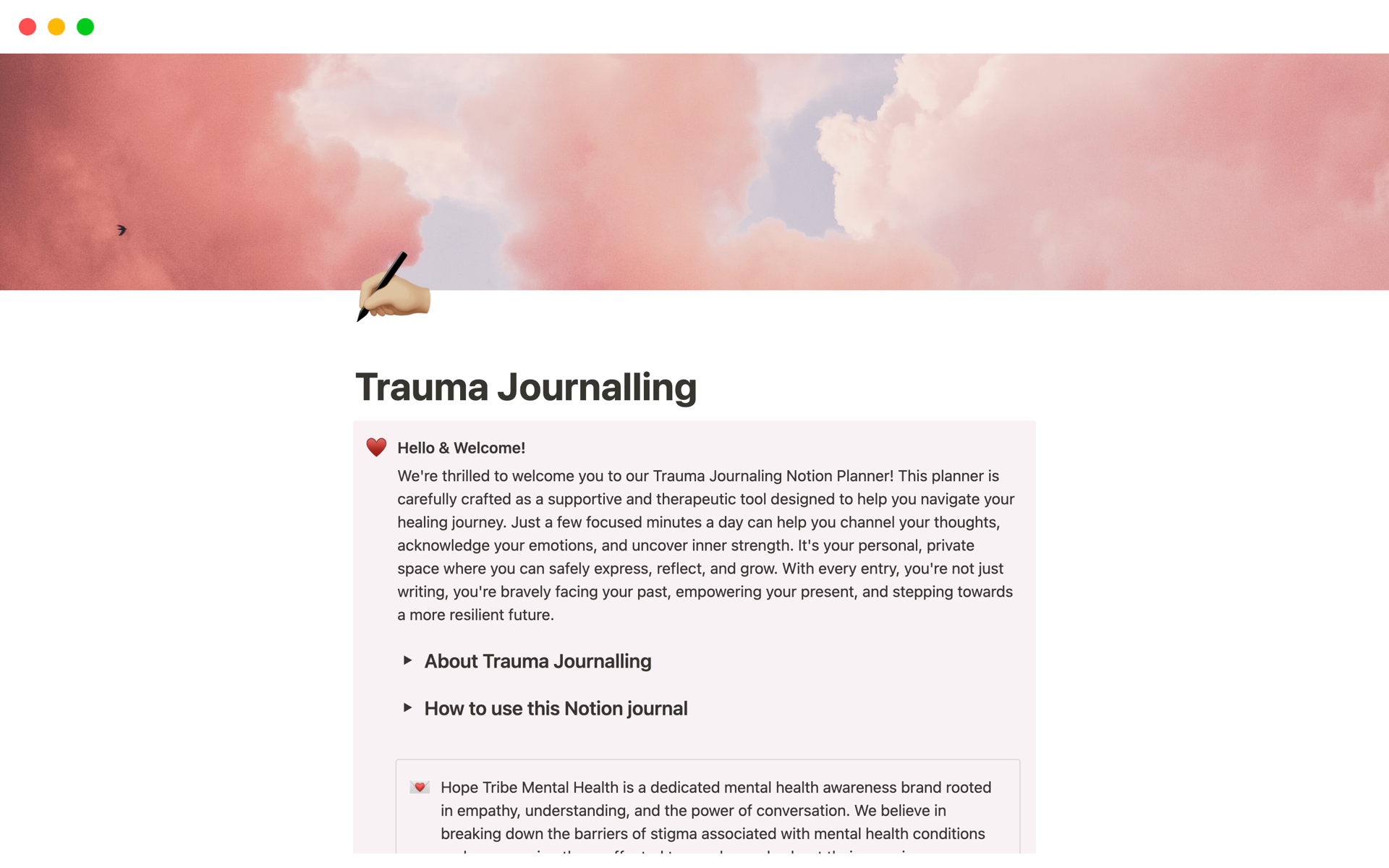 A template preview for Trauma Journalling