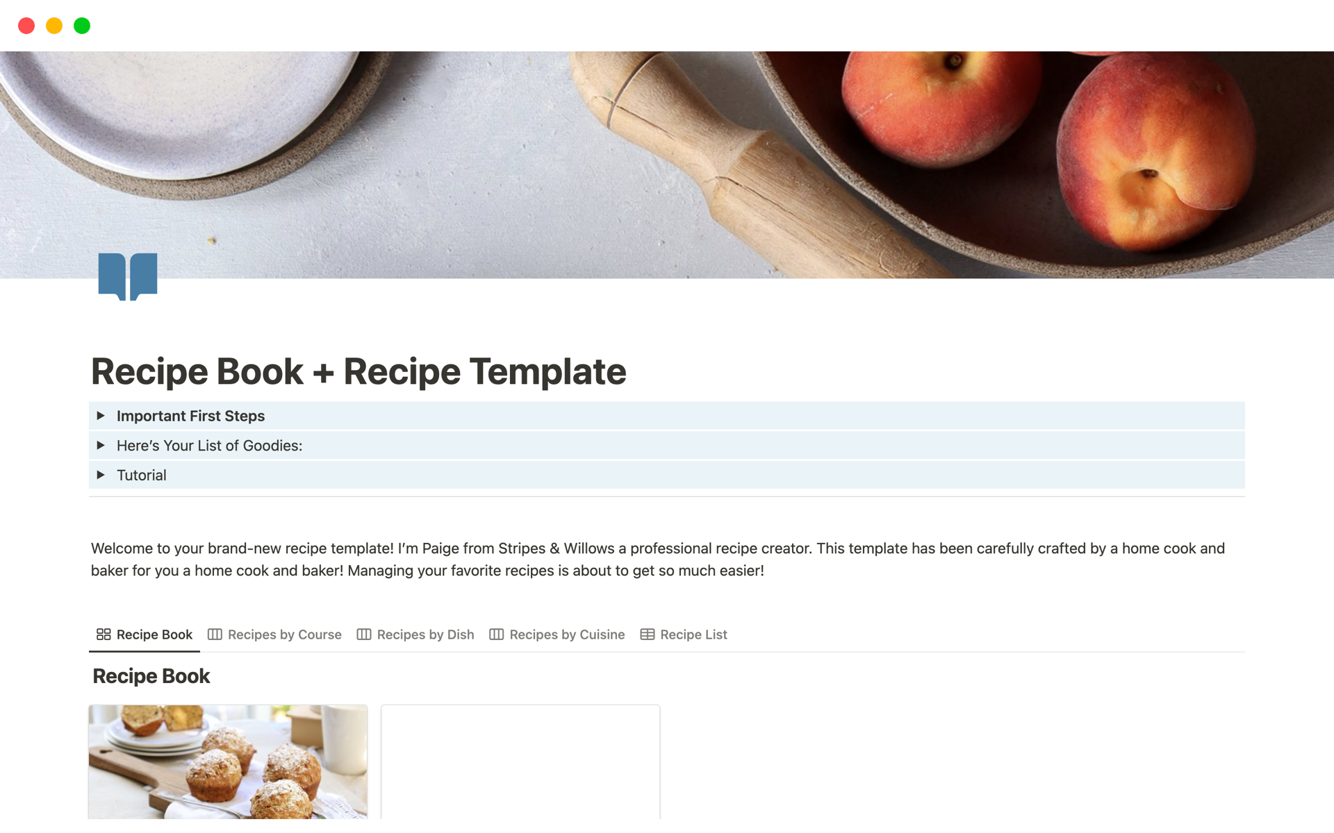 A digital recipe book to store all your beloved recipes, with a simple organized recipe book, easy-to-use recipe template, and bonus recipe from Stripes & Willows.