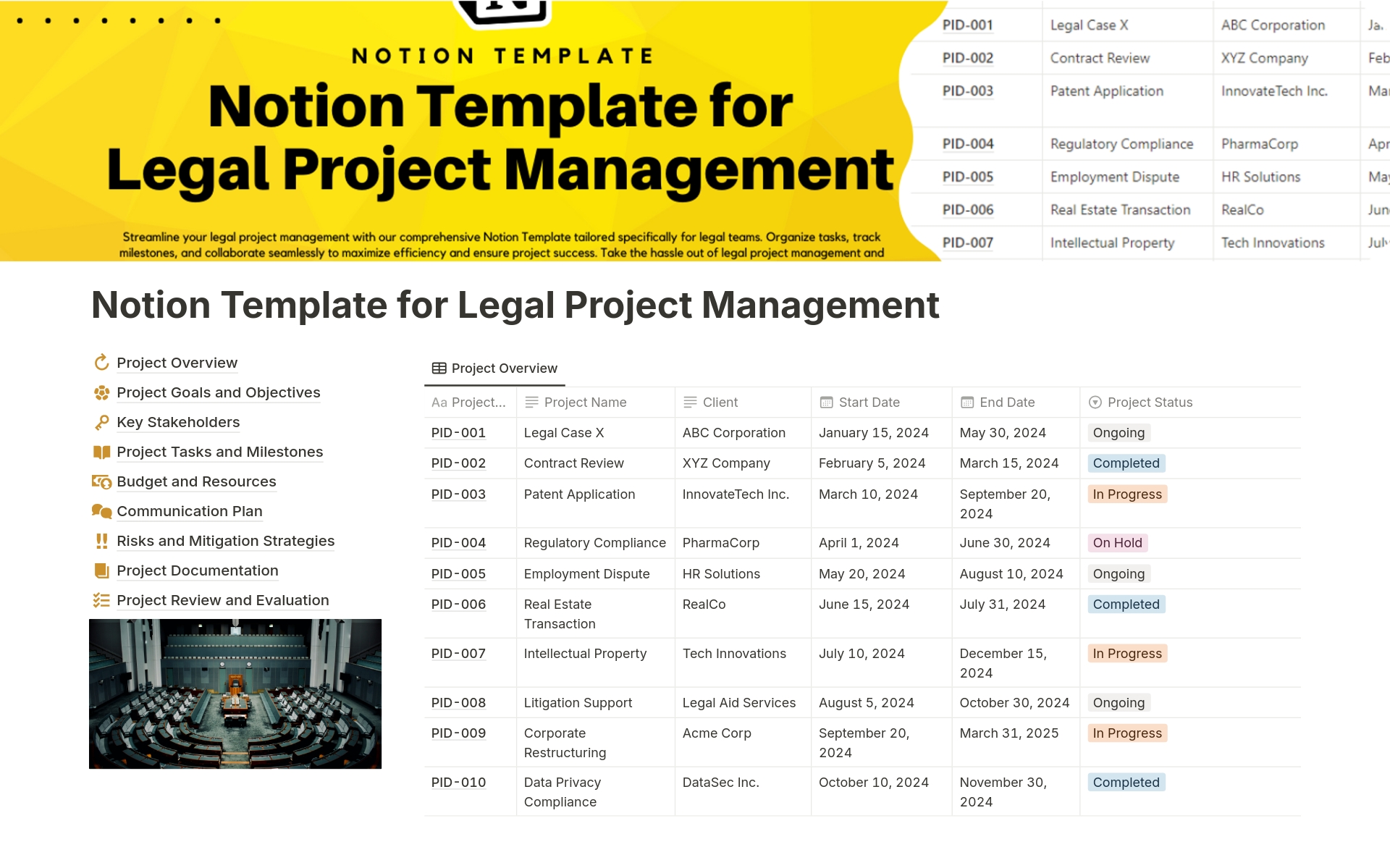 Eine Vorlagenvorschau für Legal Project Management