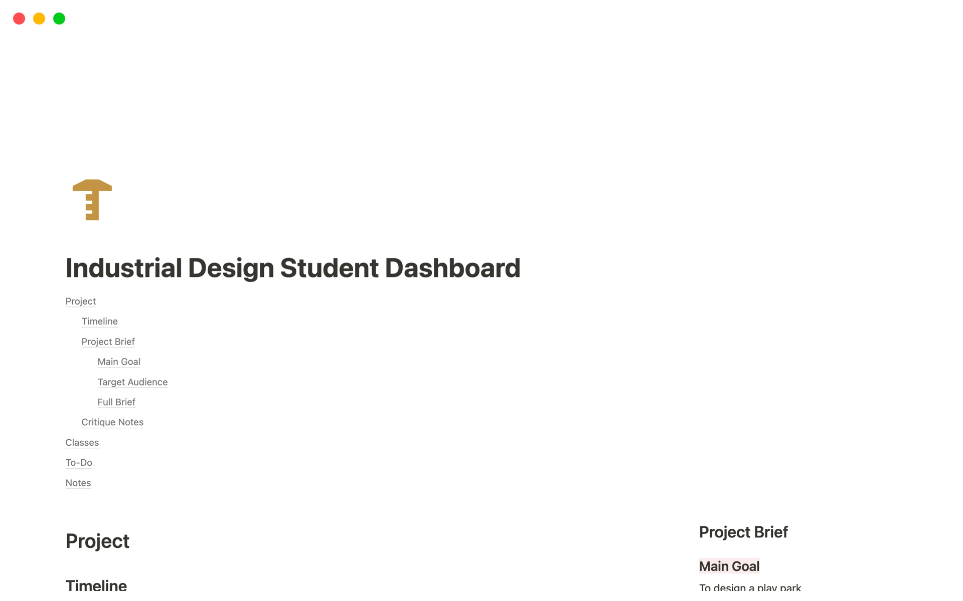 A template preview for Industrial Design Student Dashboard