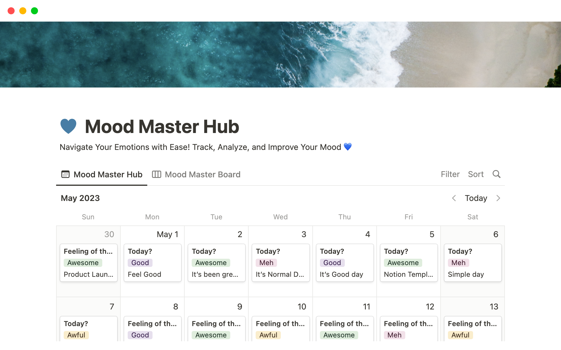 A template preview for Mood Master Hub