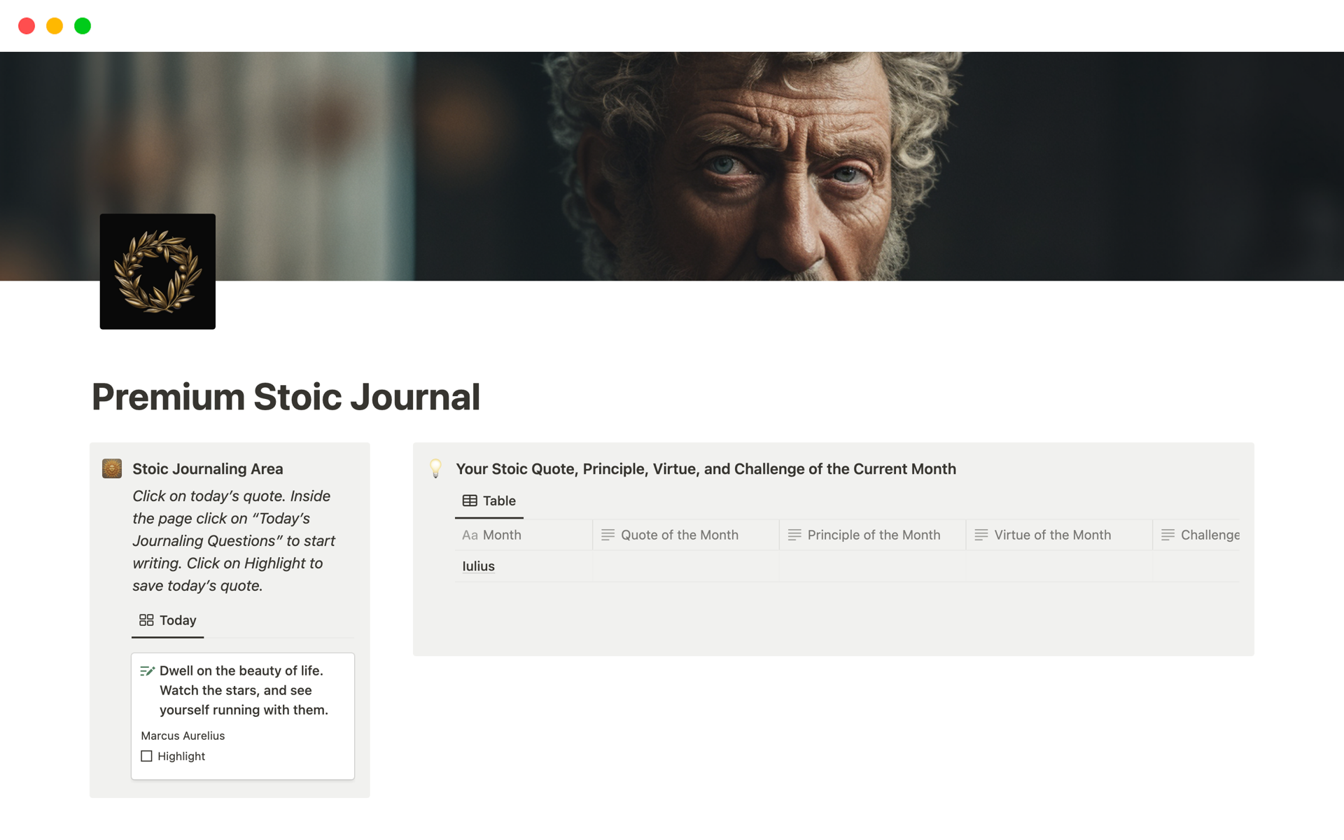 Aperçu du modèle de Premium Stoic Journal