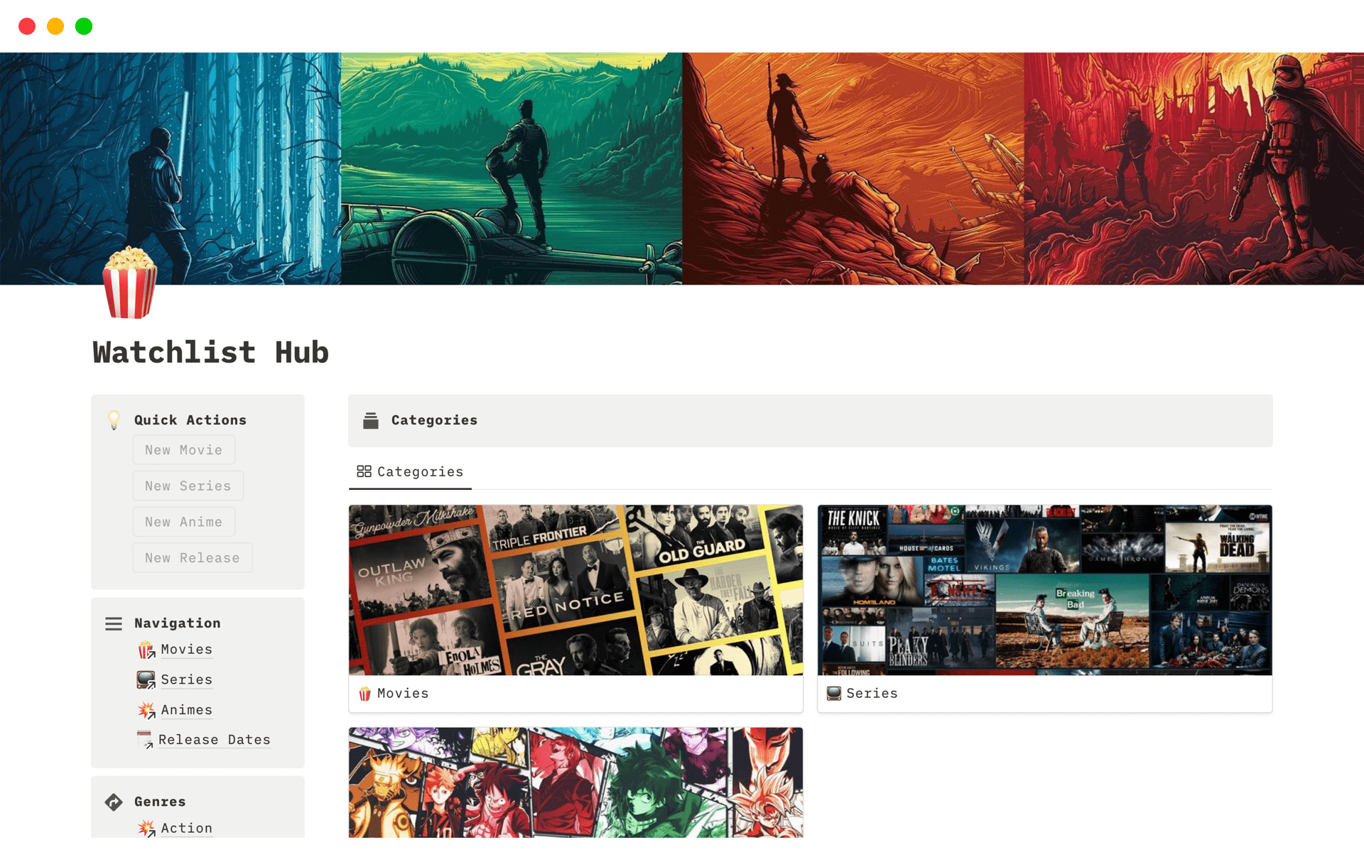 This Notion template serves as a comprehensive 'Watchlist' to efficiently track and manage movies, series or animes you intend to watch.