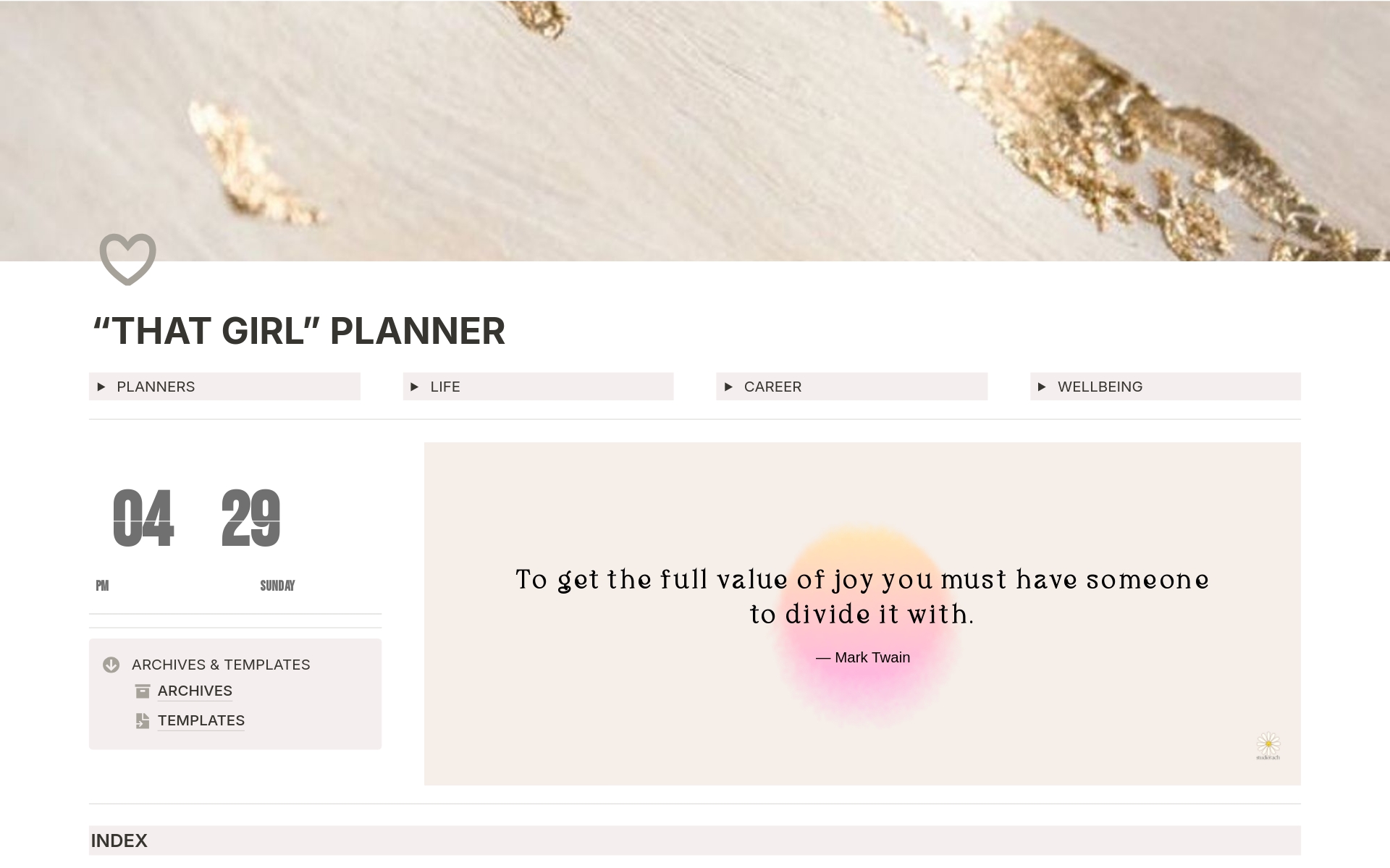 Welcome to That Girl Digital Planner - Your Ultimate Life Companion, with every life areas section: Planners, Life, Career, Wellbeing, Mind & Period Tracker - Elevate your life with organisation, productivity, wellness!