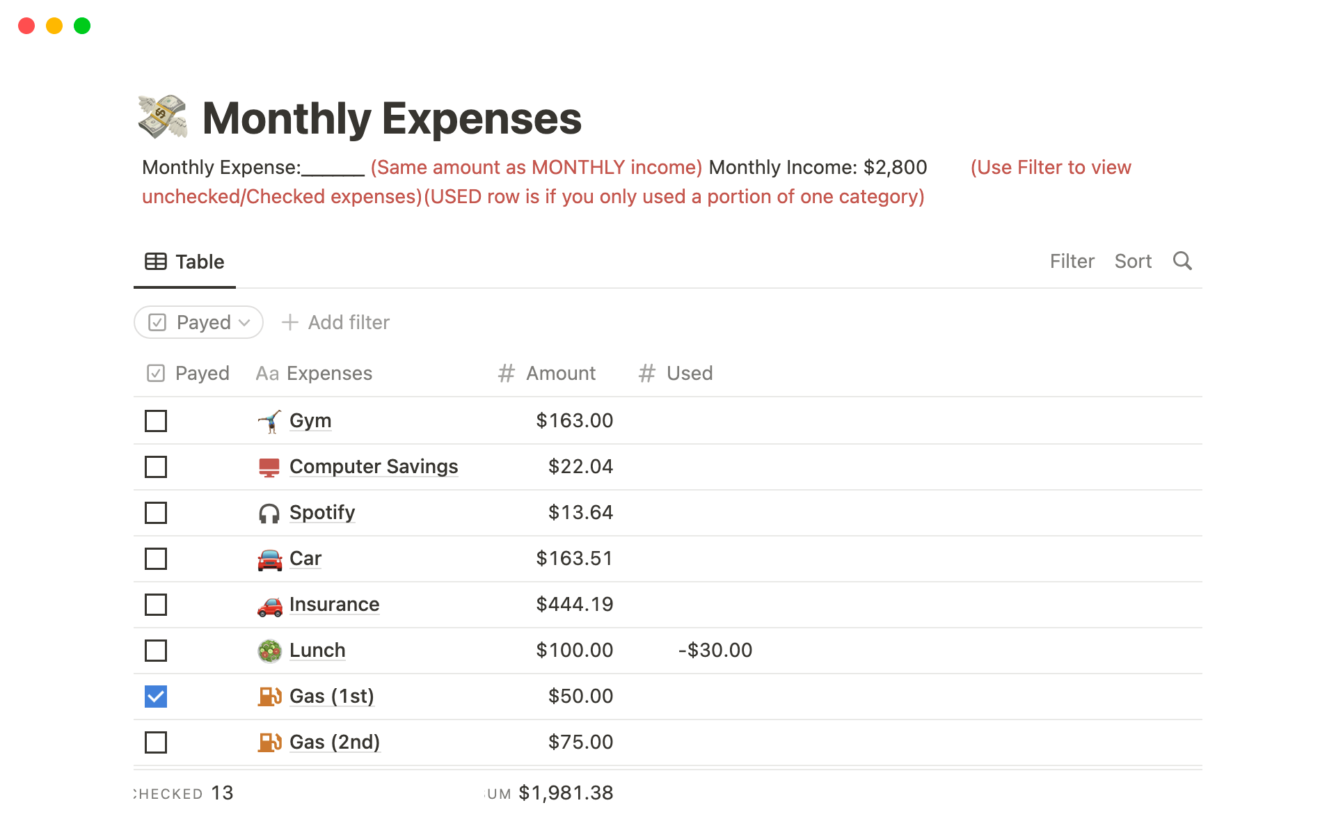 Aperçu du modèle de Monthly Expenses