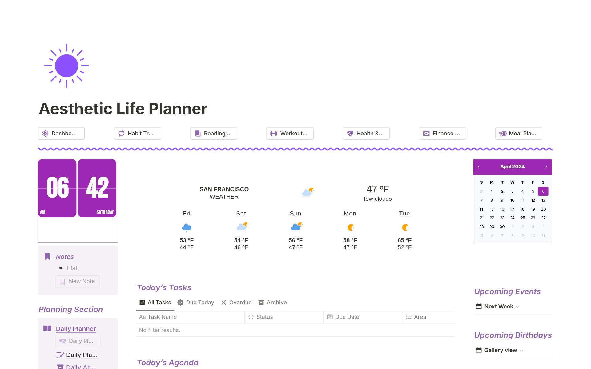 Vista previa de una plantilla para Aesthetic Life Planner