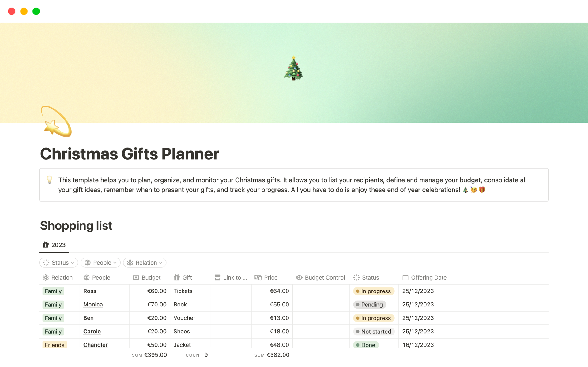 A template preview for Christmas Gifts Planner