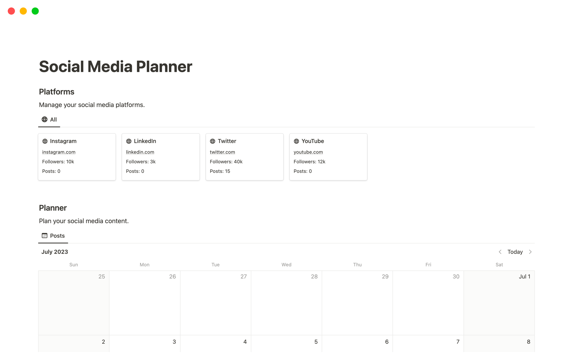 A template preview for Notion Social Media Planner
