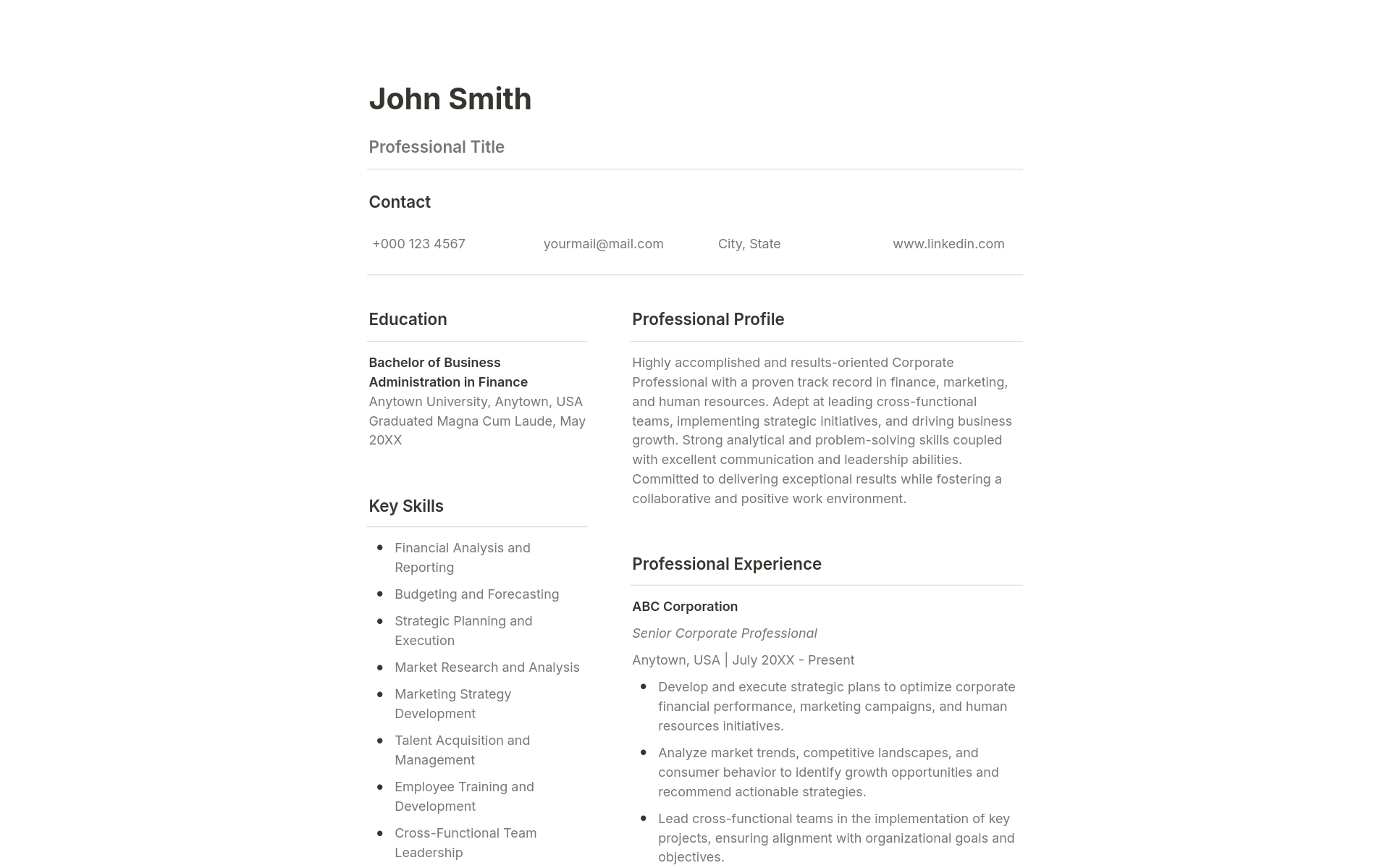 Crafted for the modern corporate professional, this Notion resume template exudes sleek sophistication. 