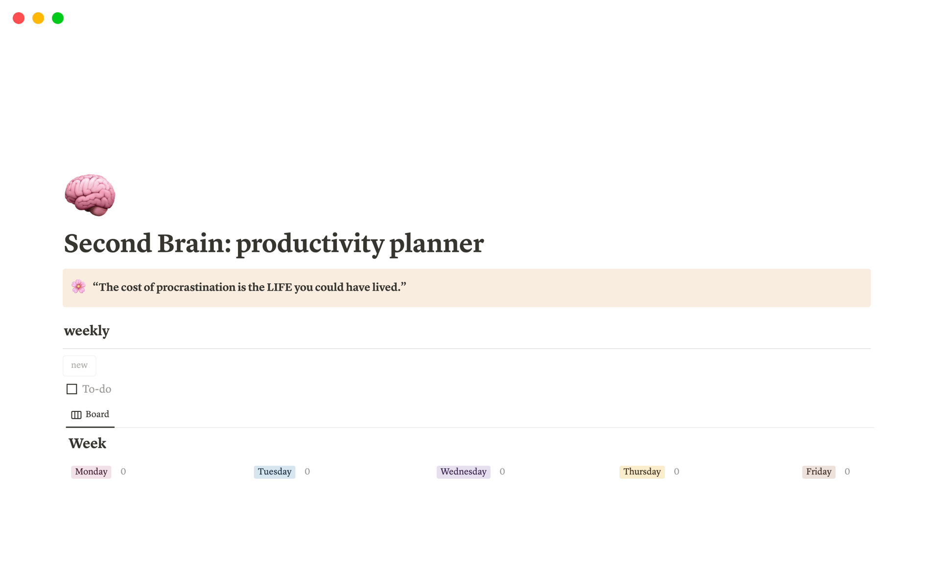 A template preview for Second Brain: productivity planner