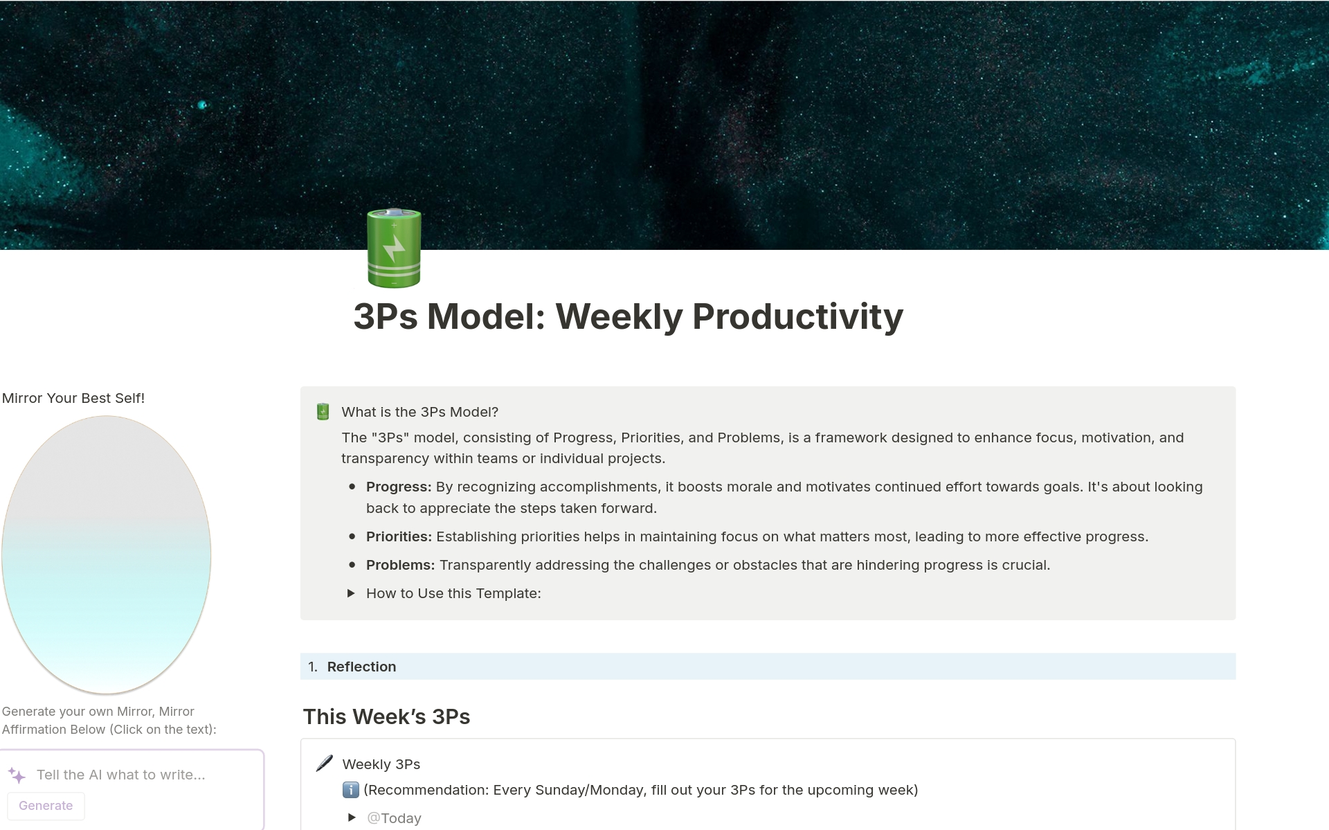 3Ps Model: Weekly Productivityのテンプレートのプレビュー