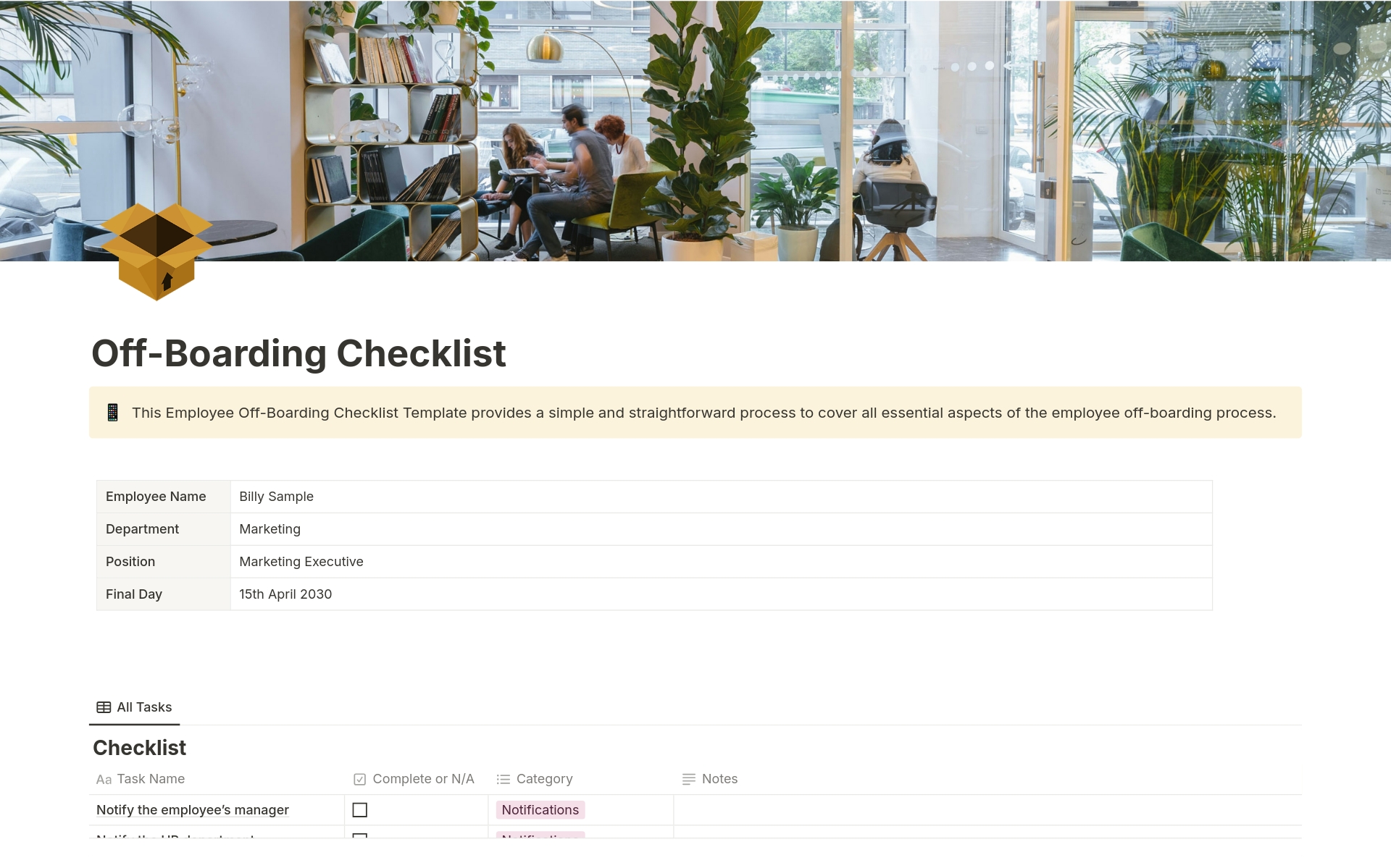 This Employee Offboarding Checklist Template provides a simple and straightforward process to cover all essential aspects of the employee off-boarding process.