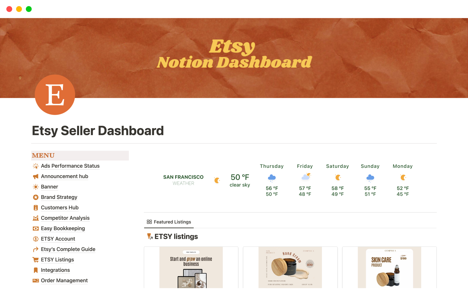 En forhåndsvisning av mal for Etsy Seller Dashboard | Small Business Planner
