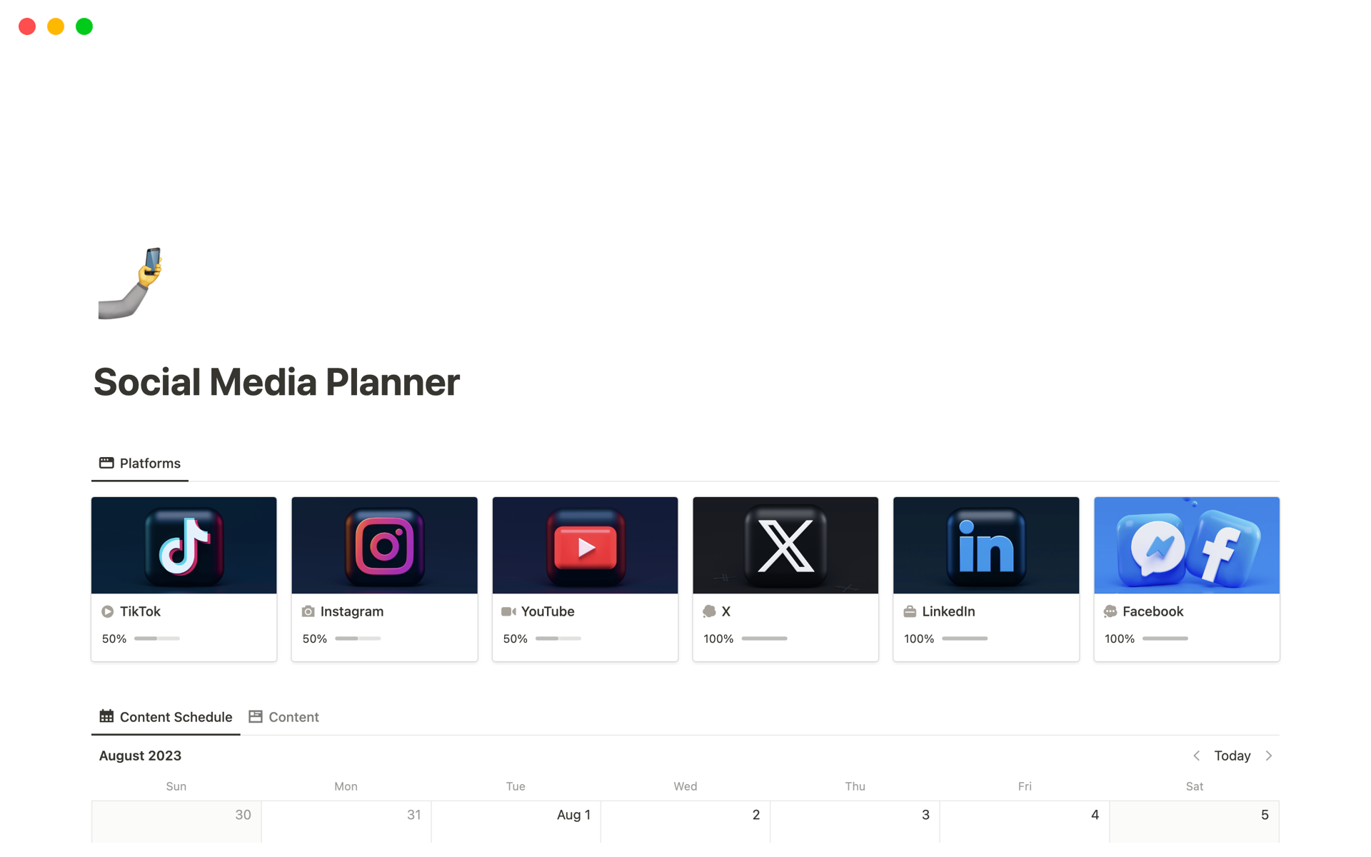 A template preview for Social Media Multi-Platform Content Planner