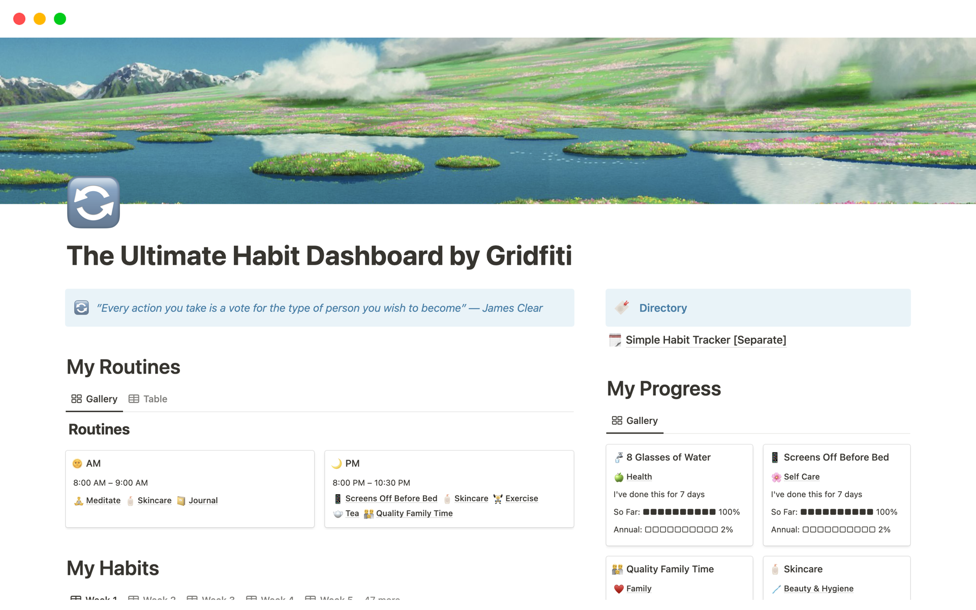 A template preview for The Ultimate Habit Dashboard by Gridfiti