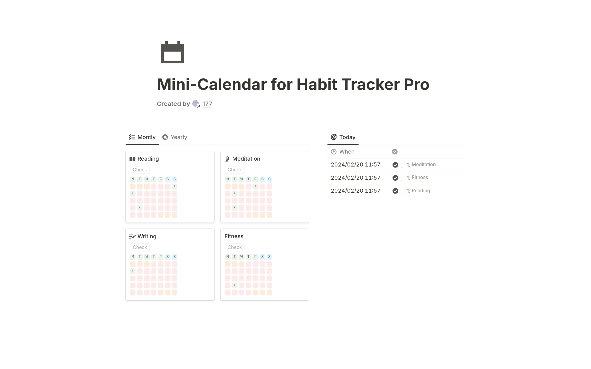 Mini-Calendar for Habit Trackerのテンプレートのプレビュー