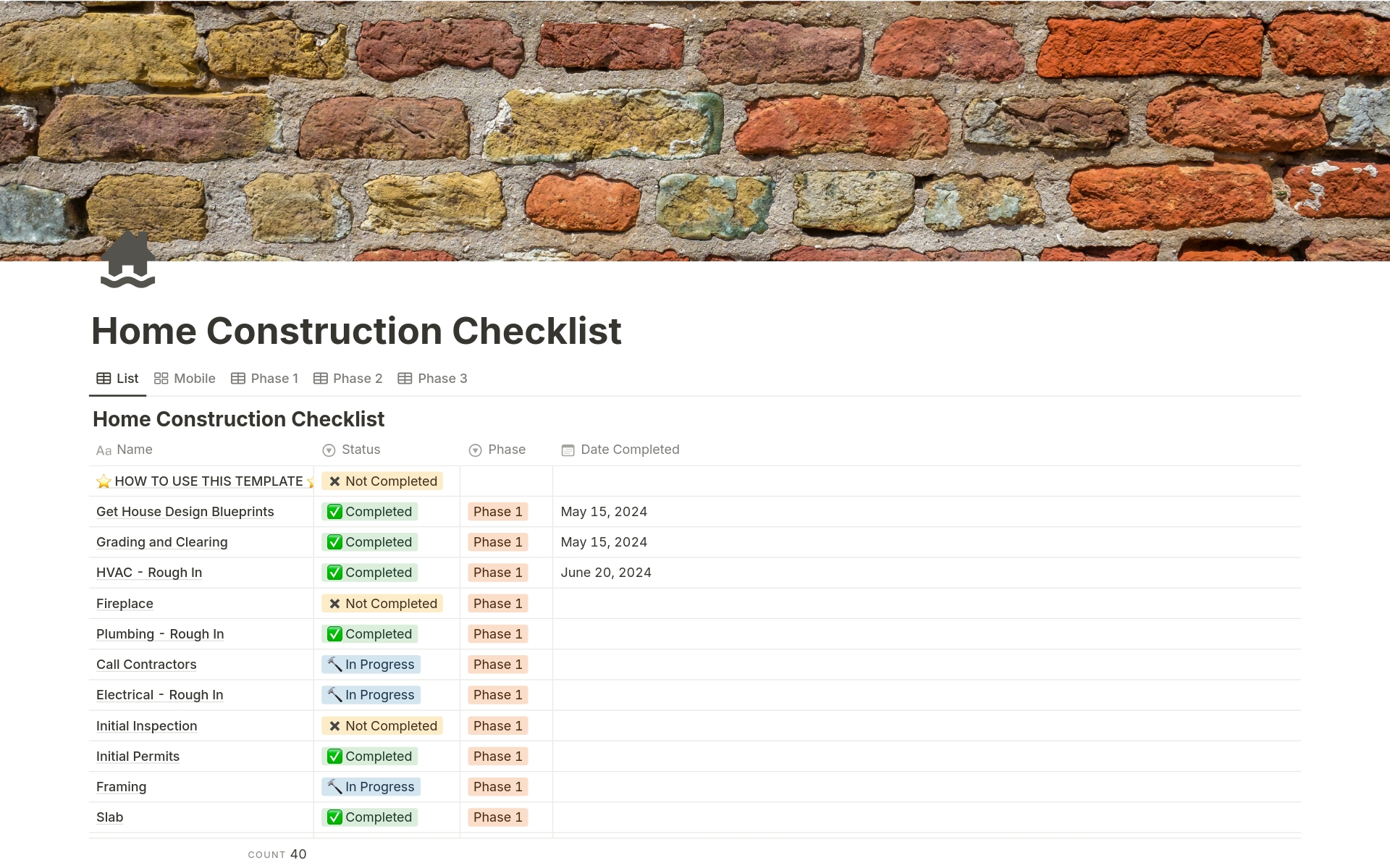 Uma prévia do modelo para Home Construction Task Checklist 
