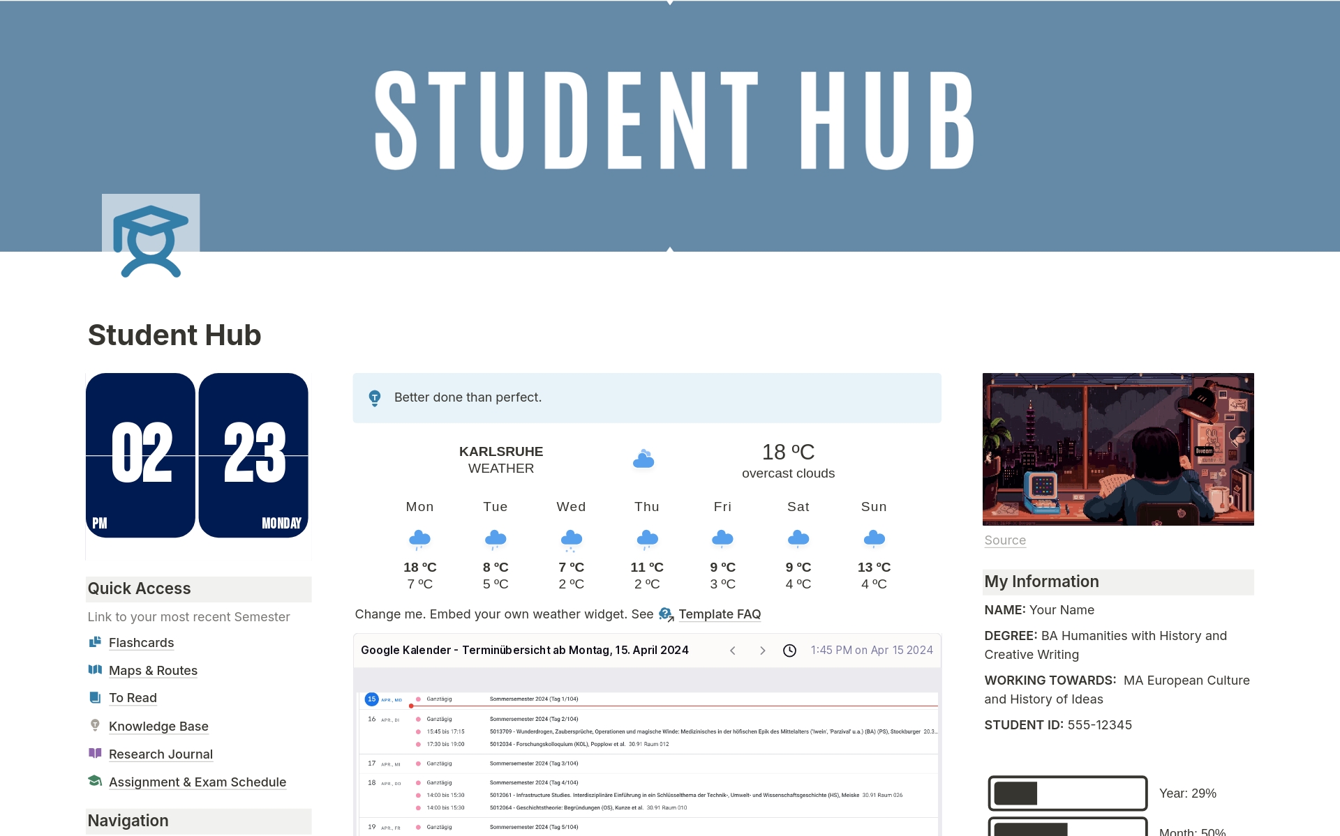 En forhåndsvisning av mal for Student Hub — Your Swiss Army Knife for College