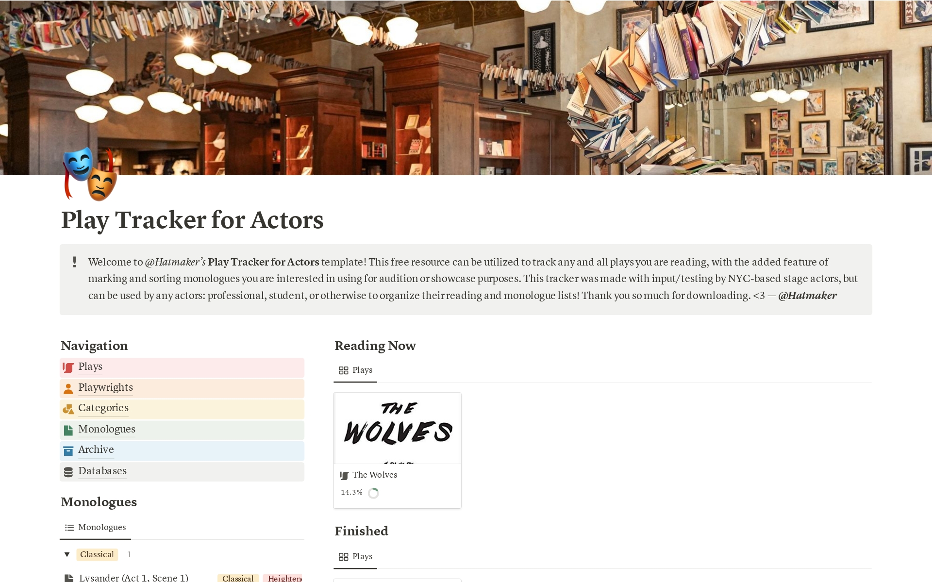 En forhåndsvisning av mal for Play Tracker for Actors