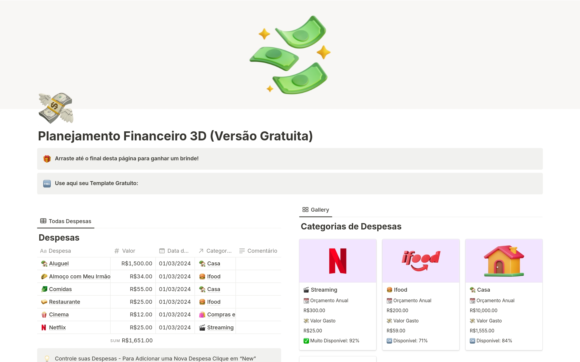 Vista previa de plantilla para Painel de Planejamento Financeiro (Gratuito)