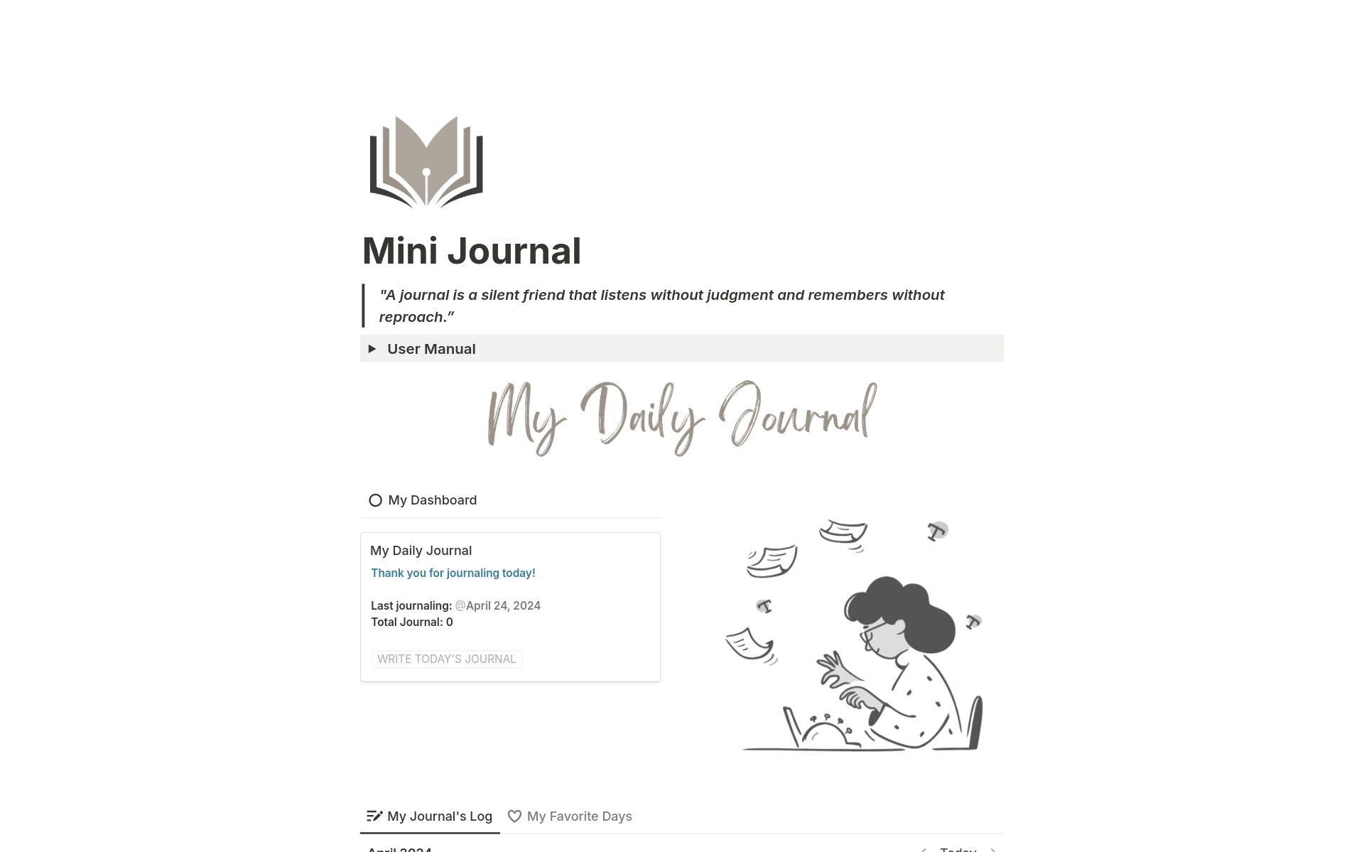 The Mini Journal is a simple Notion template designed to streamline your journaling routine.