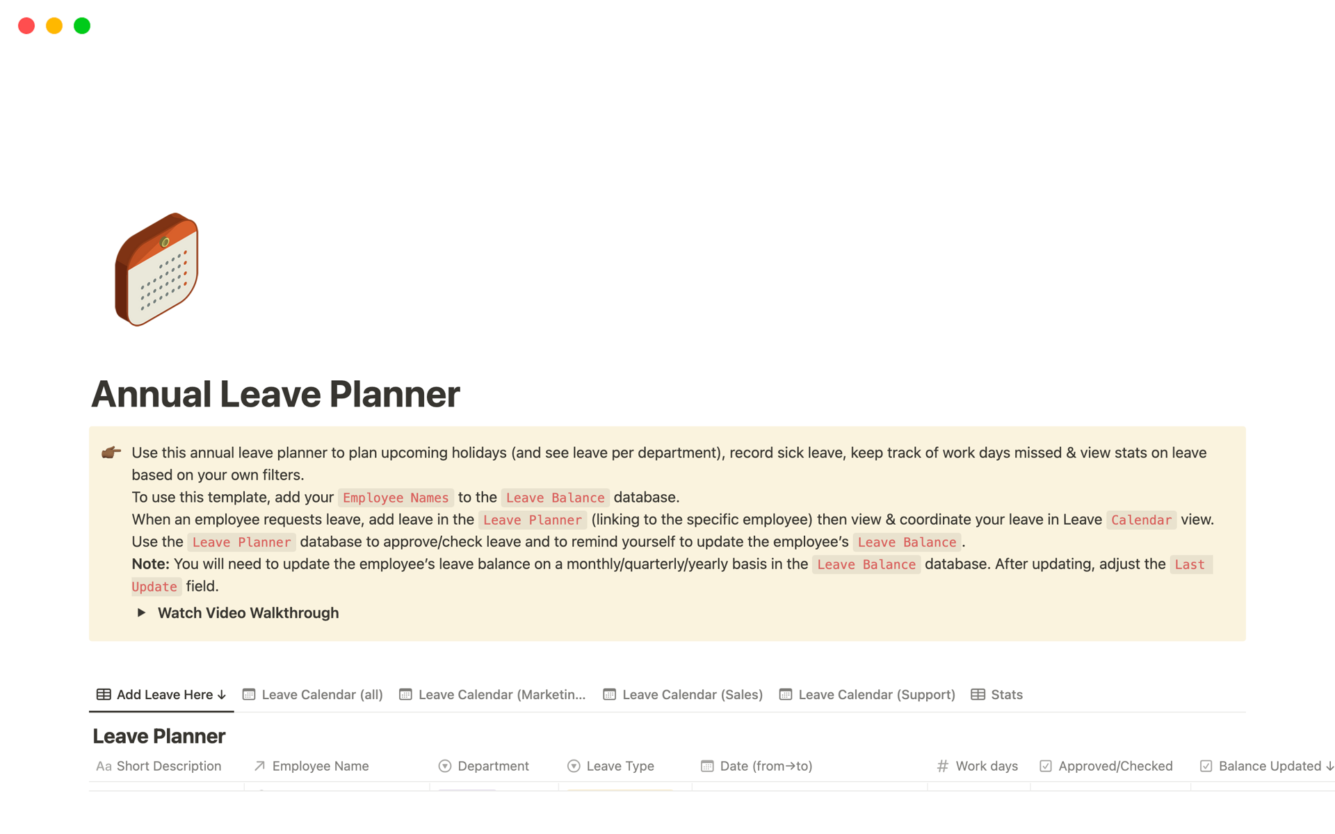 A template preview for Annual Leave Planner