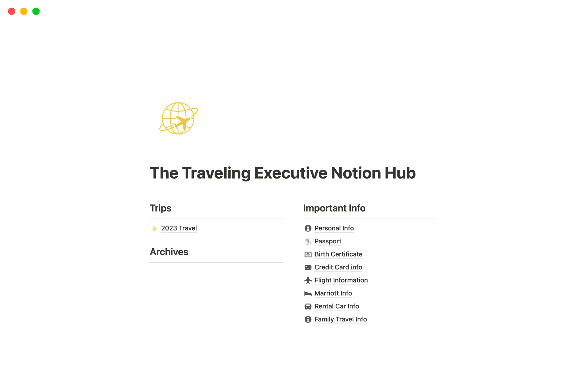 Aperçu du modèle de The Traveling Executive Notion Hub