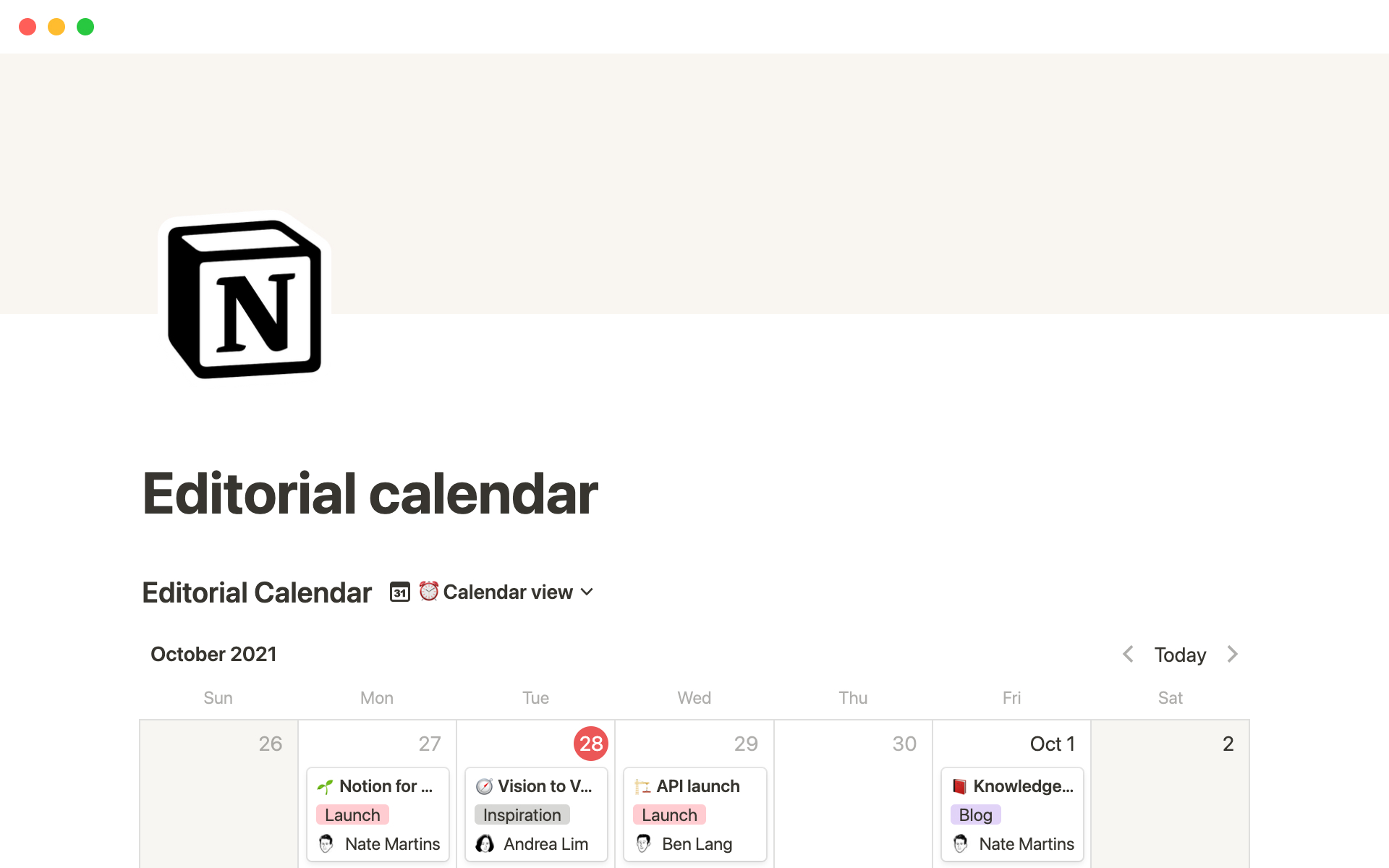 A template preview for Notion's editorial calendar