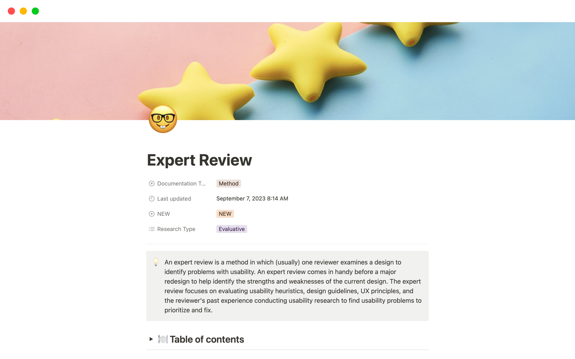 A template preview for Expert Review: UXR Template