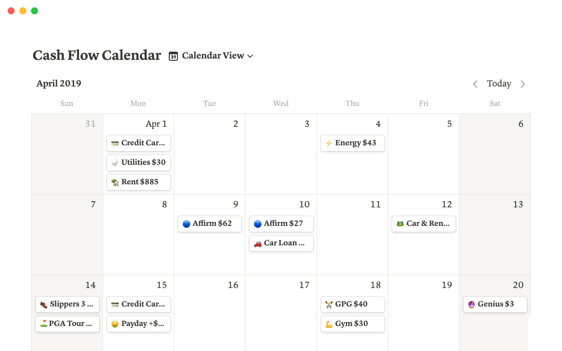A categorized Kanban board of my expenses, debts, and extra expenses and Cash Flow Calendar.