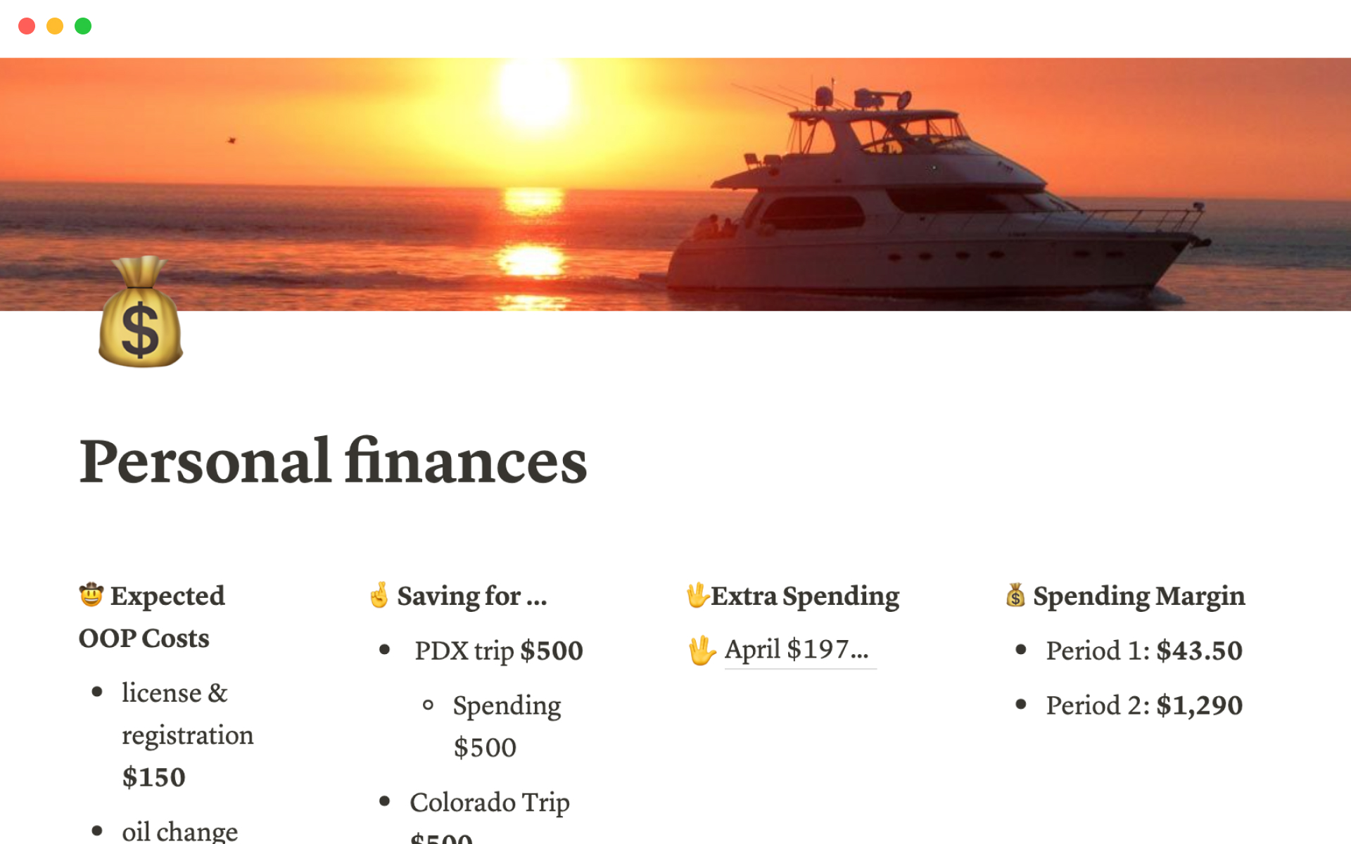 A template preview for Personal finances