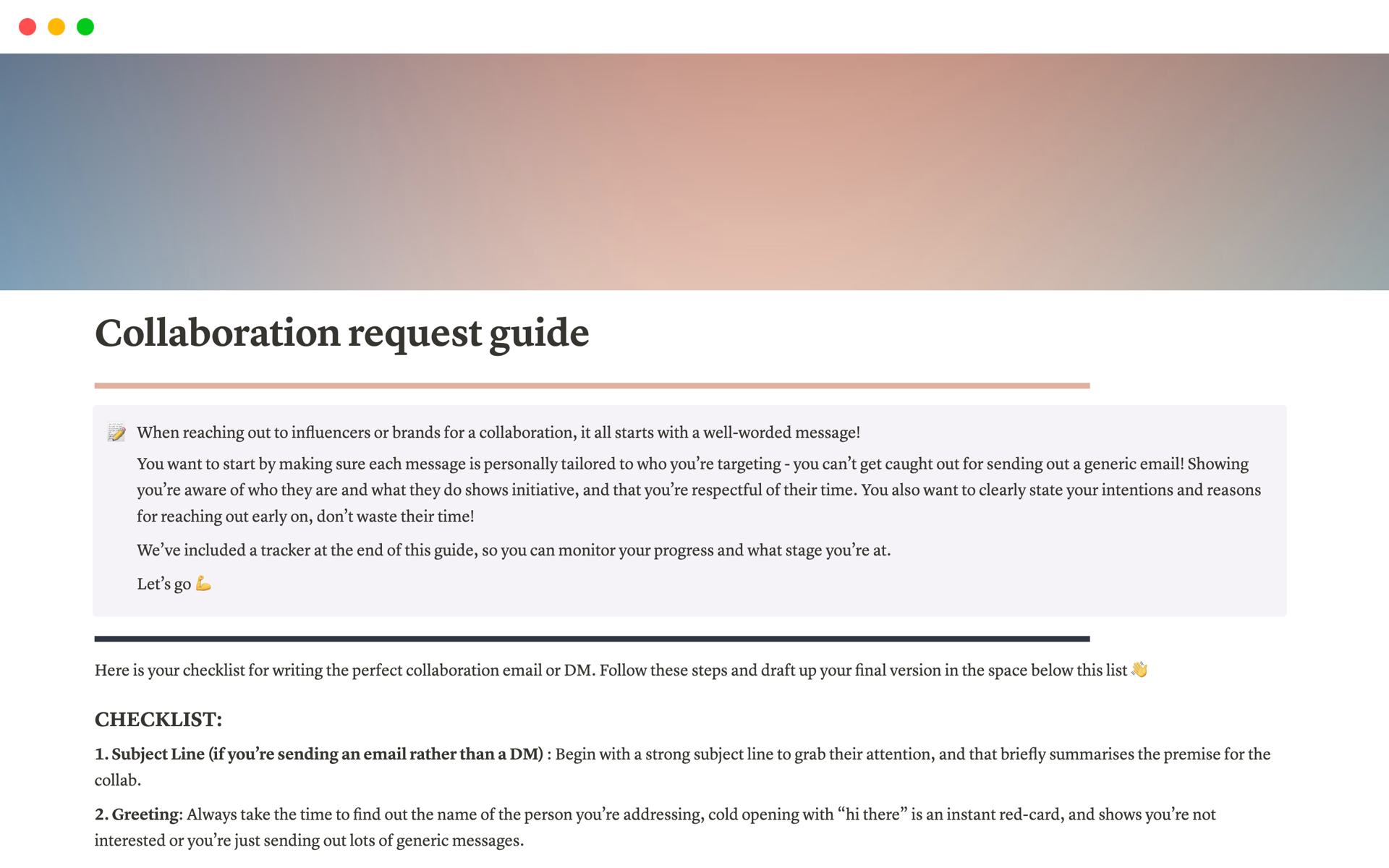 A template preview for Collaboration request guide