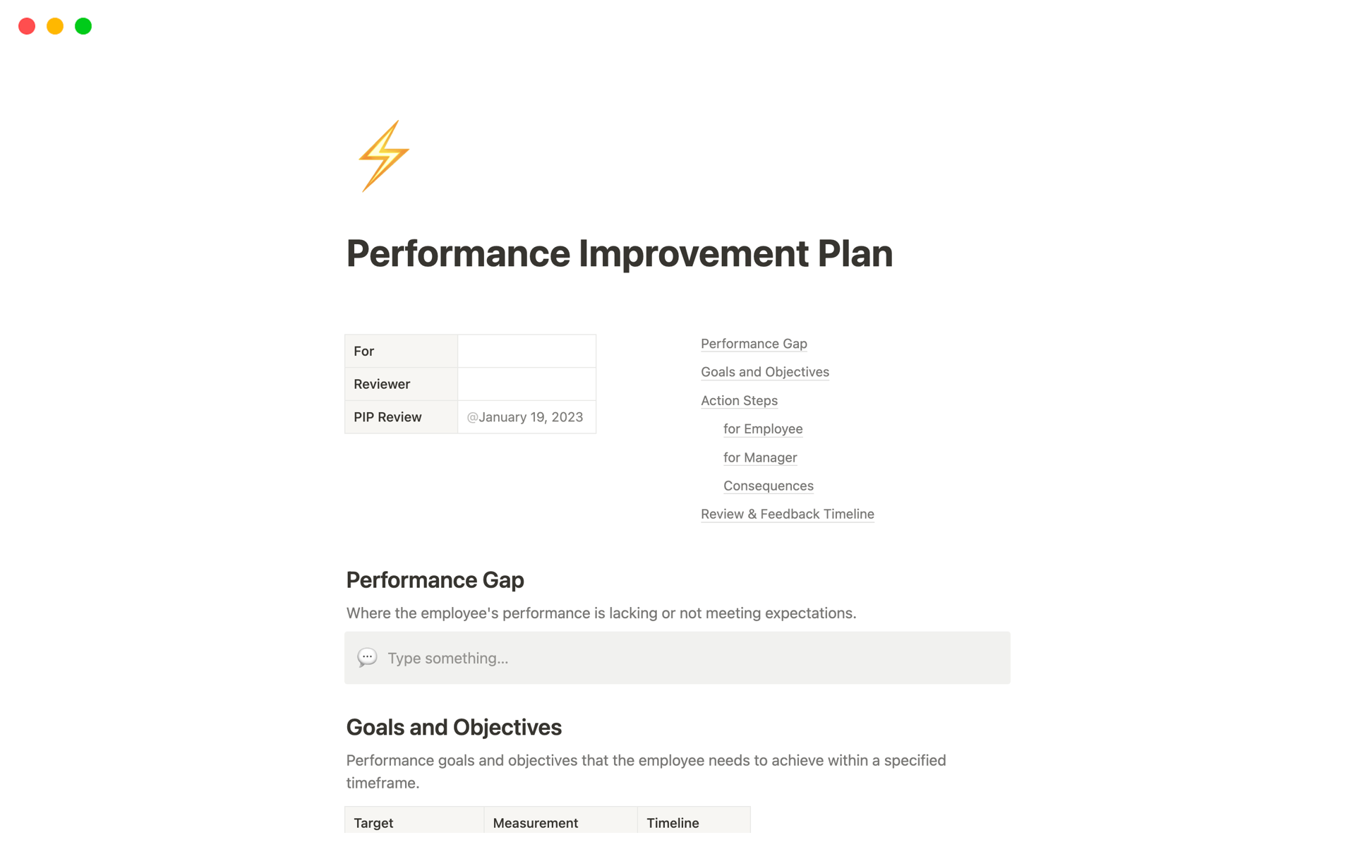 A template preview for Performance Improvement Plan