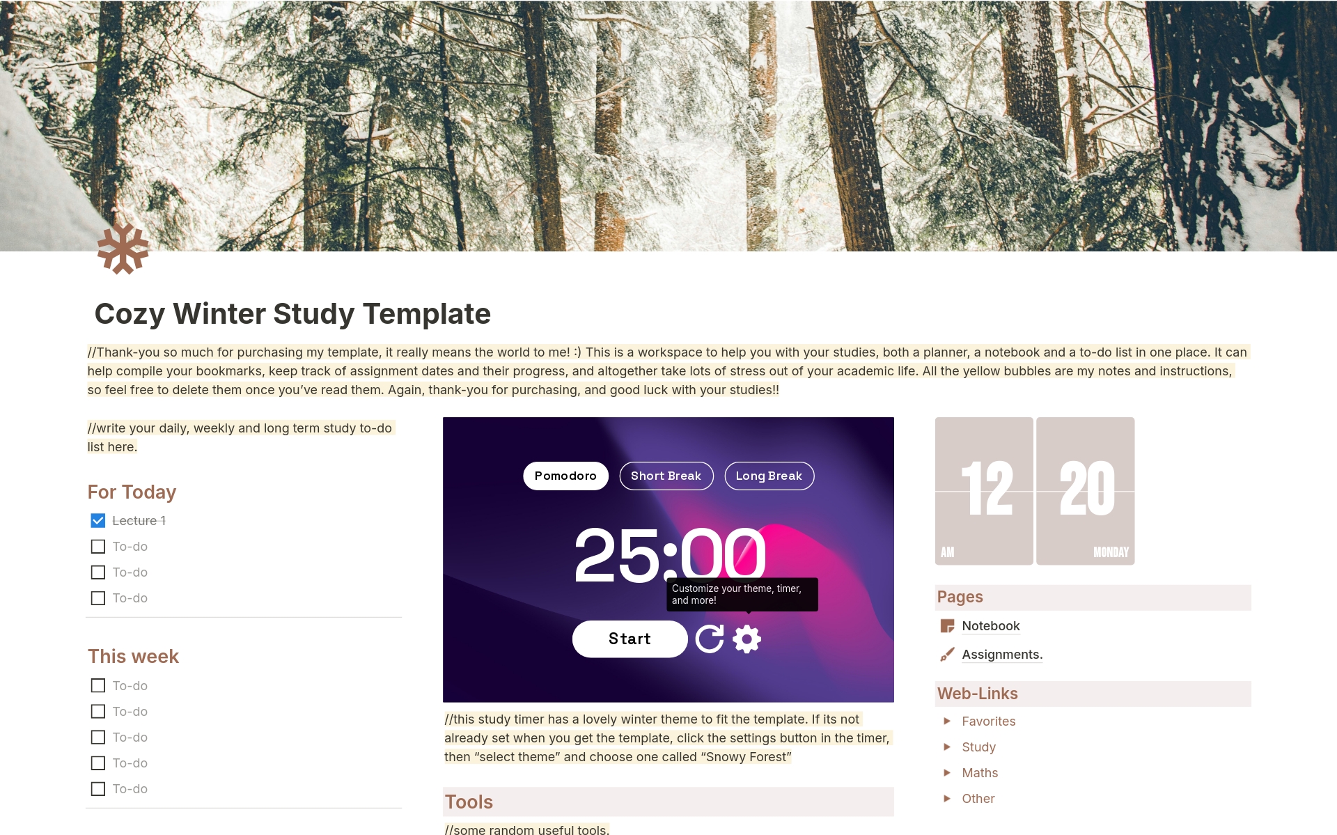 A template preview for Cozy Winter Study Planner