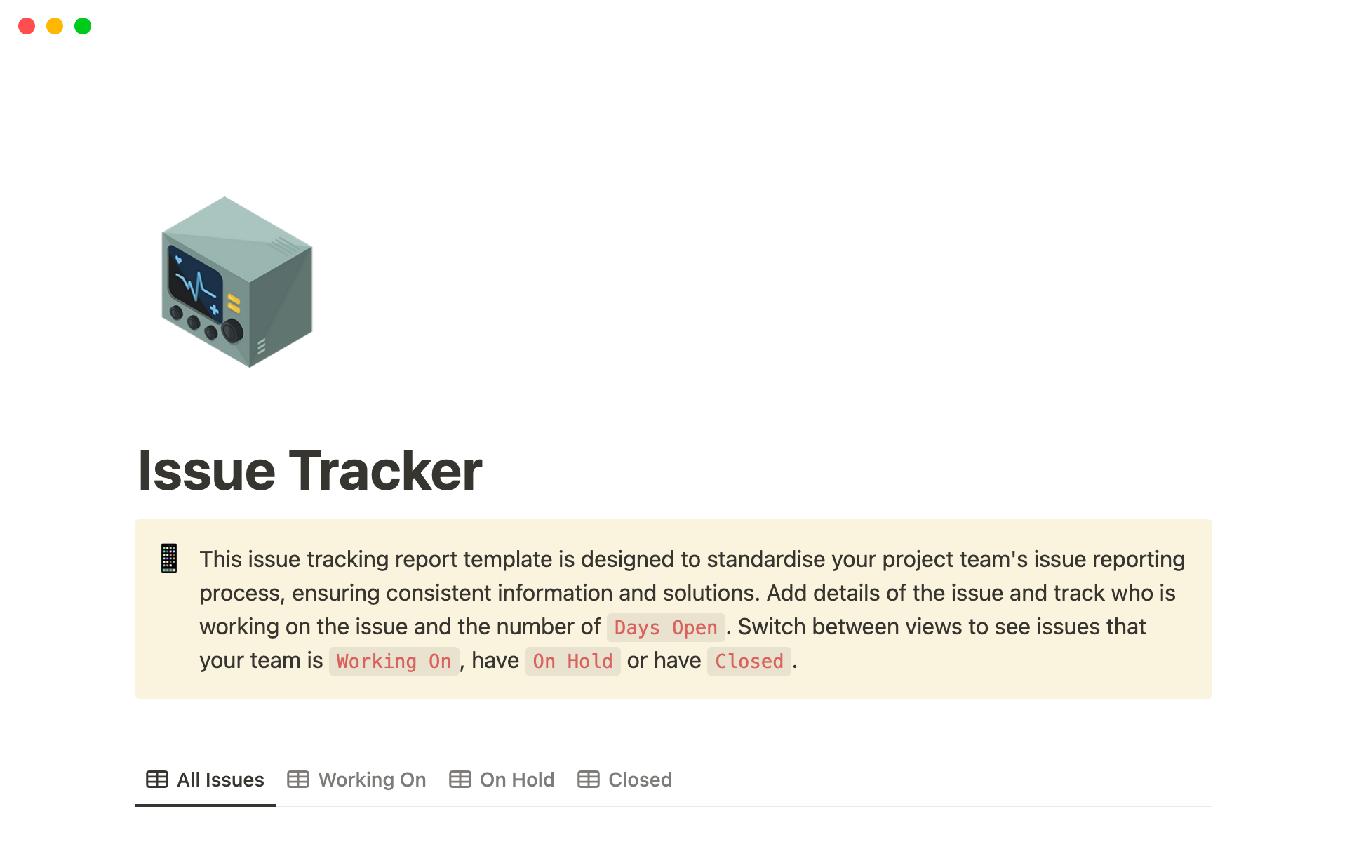A template preview for Issue Tracker Template