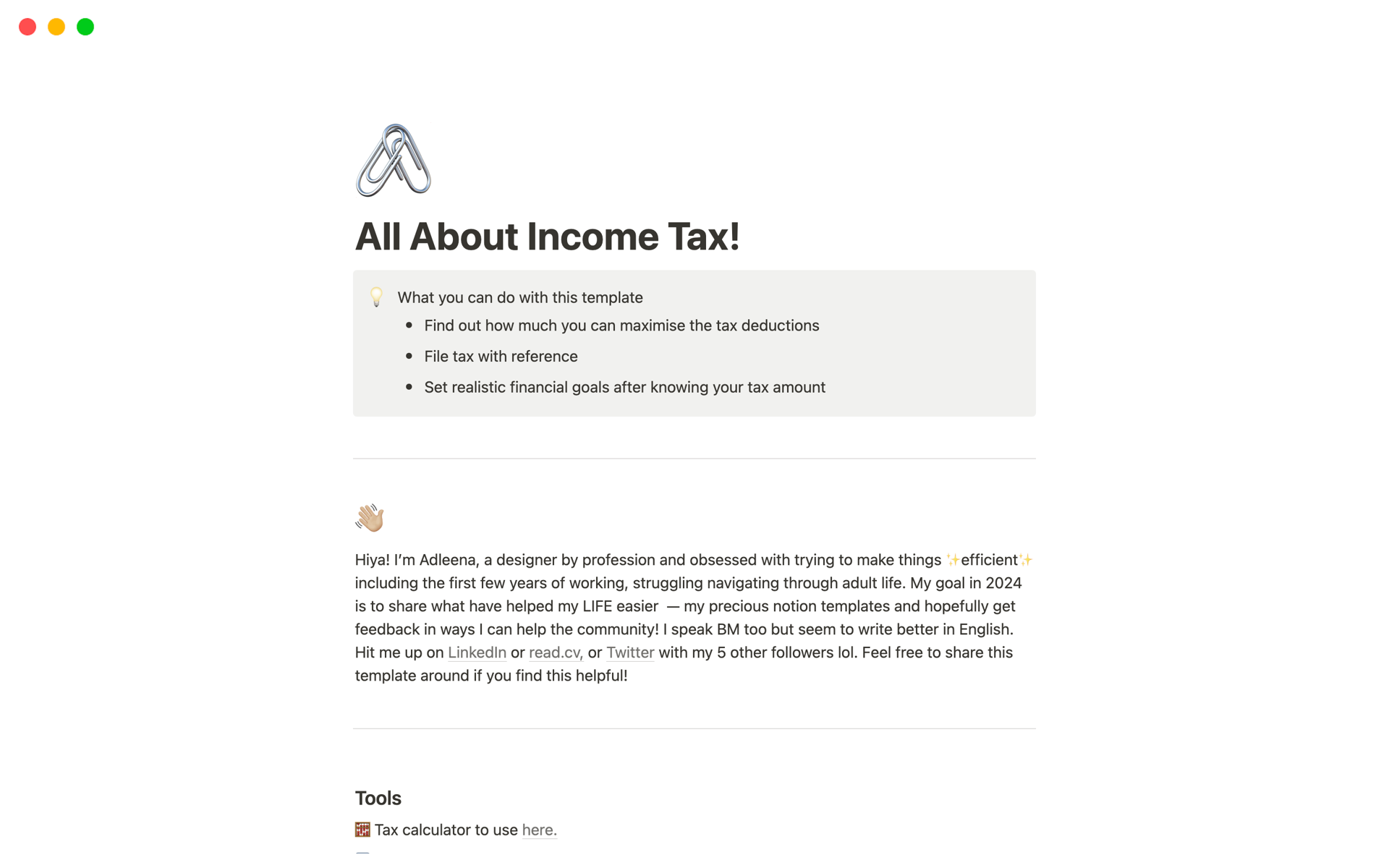 A template preview for Income Tax Deductibles (MY)