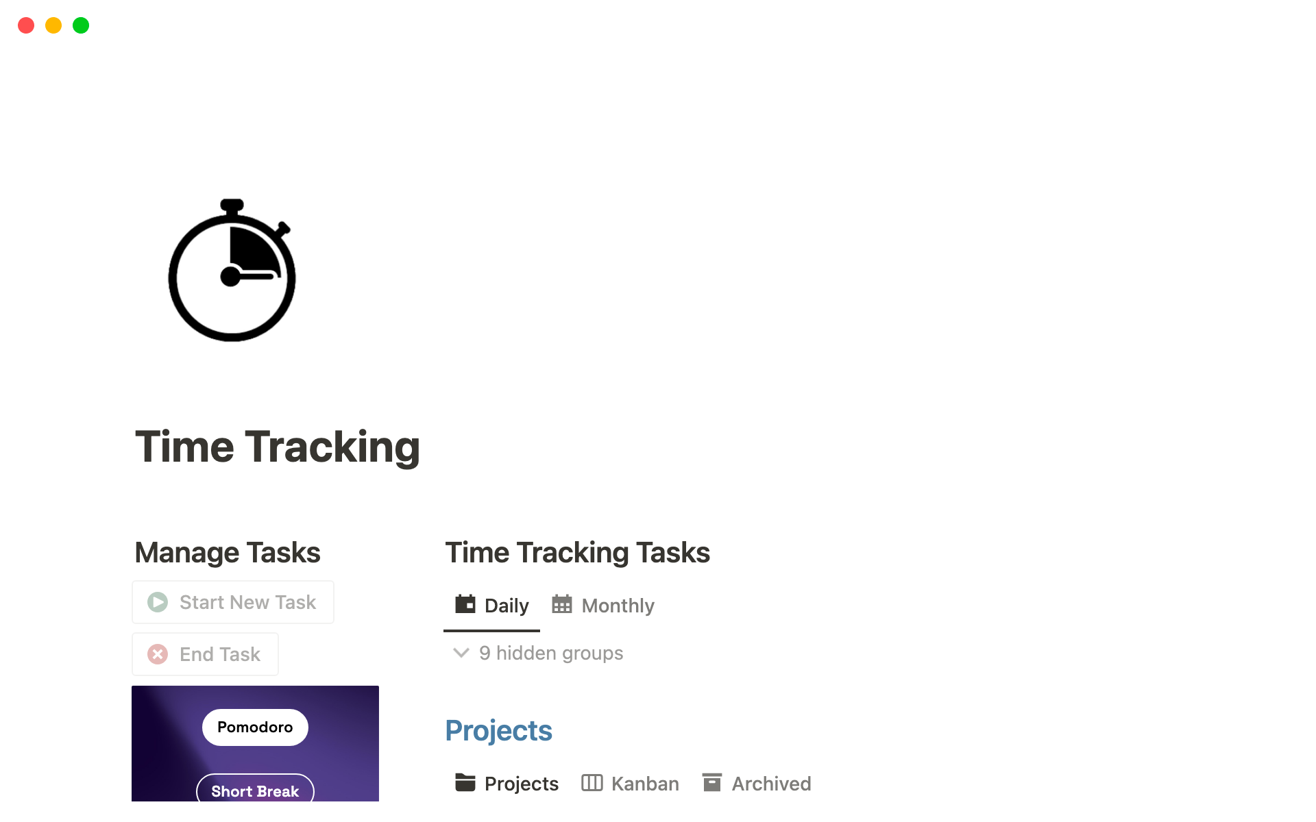 A template preview for Time Tracking