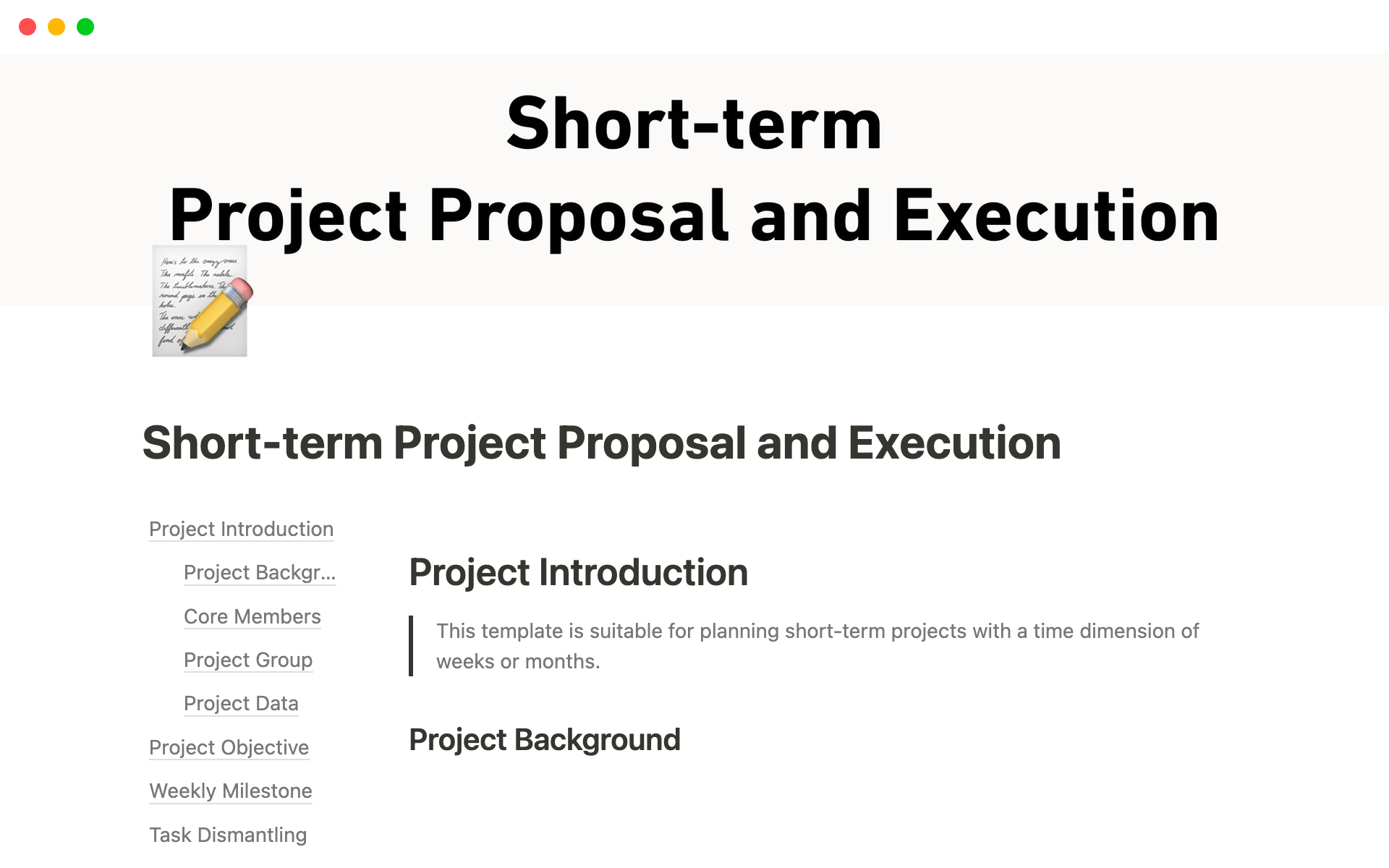 A template preview for Short-term Project Proposal and Execution