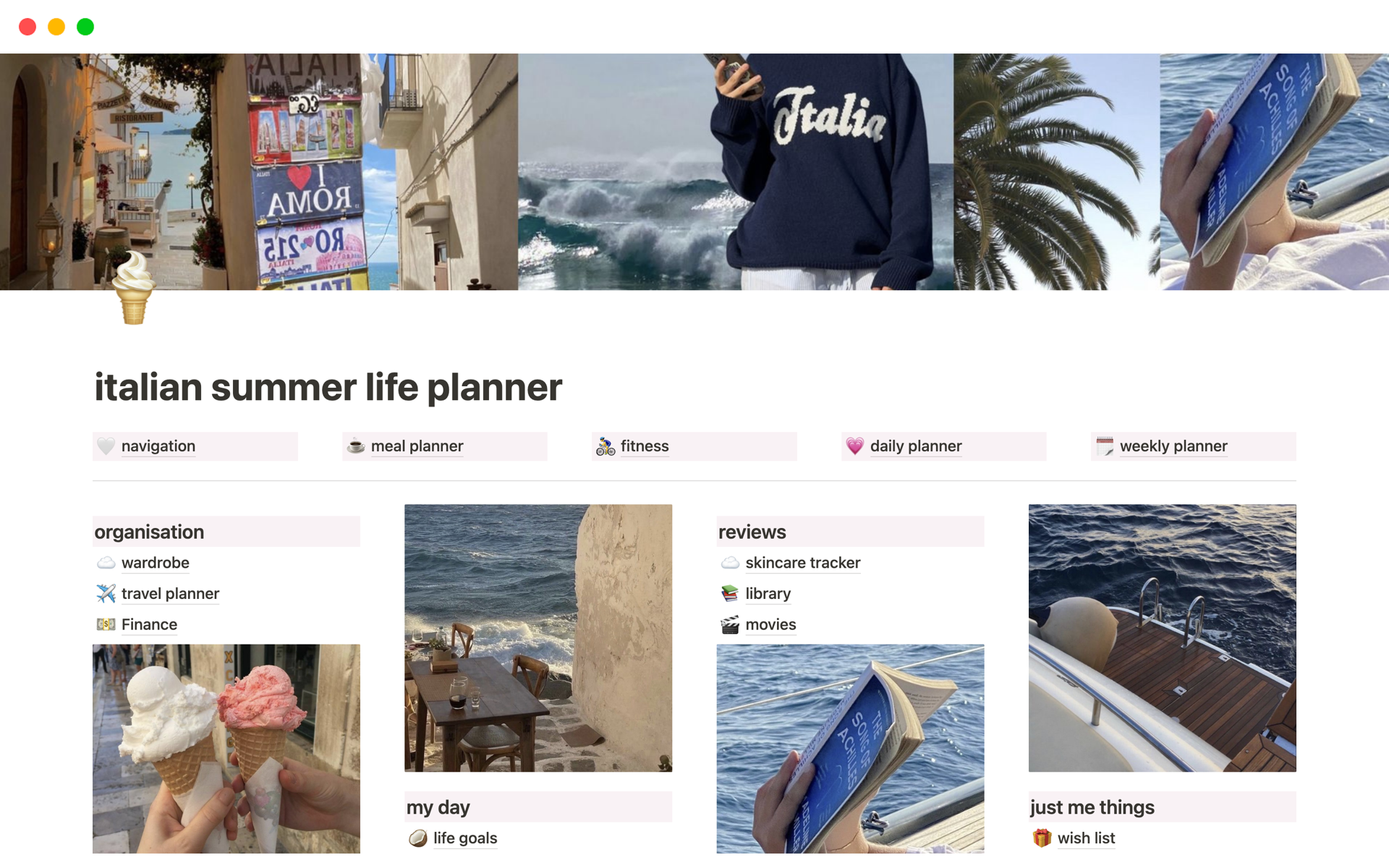 Get ready to be organised with this Italian Summer Aesthetic Notion Life Planner Template that has been carefully developed to coordinate your chores, schedules and much more. 