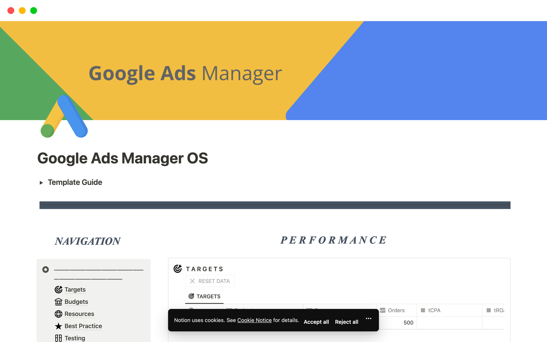 A template preview for Google Ads Manager OS