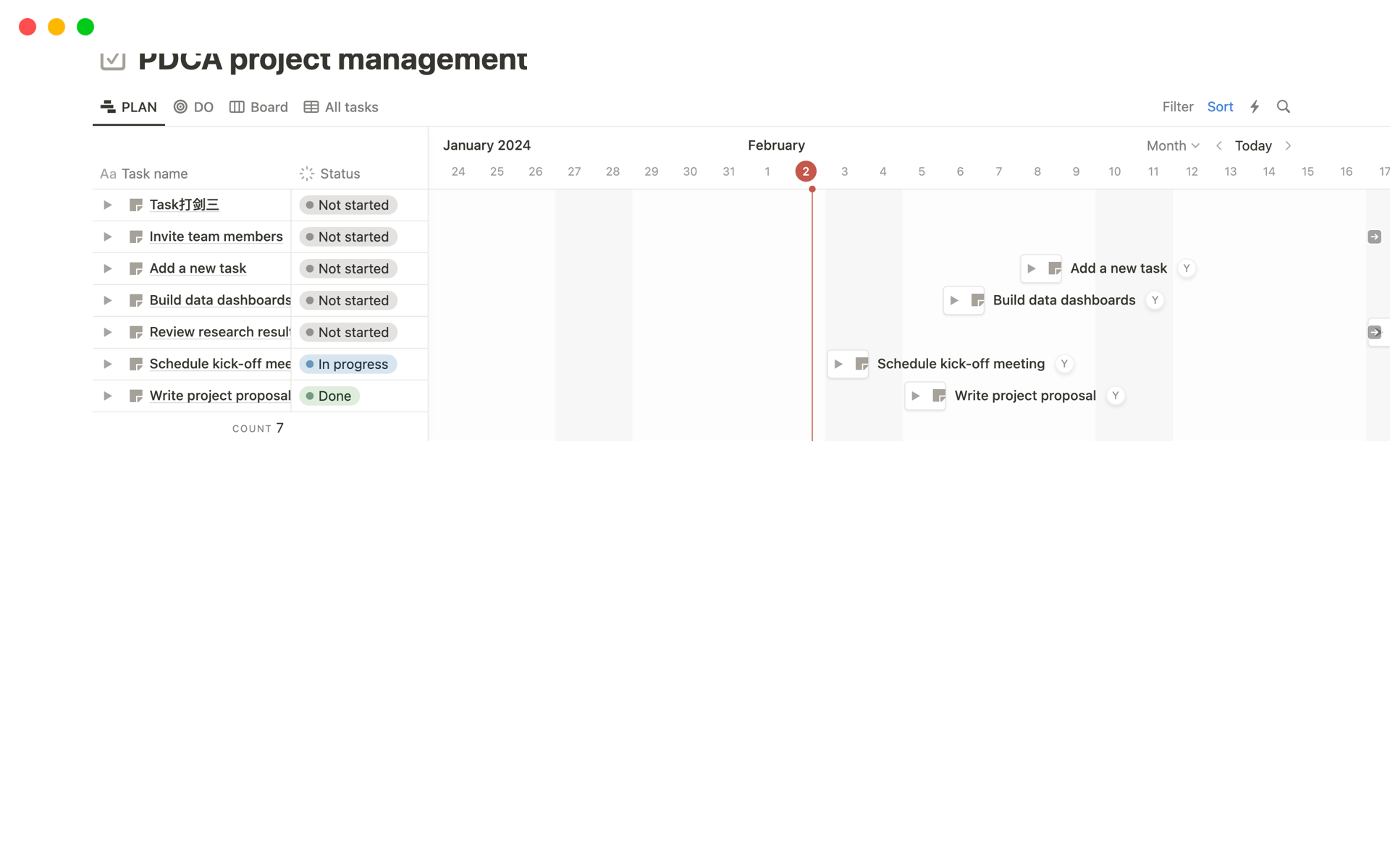 Vista previa de una plantilla para PDCA project management