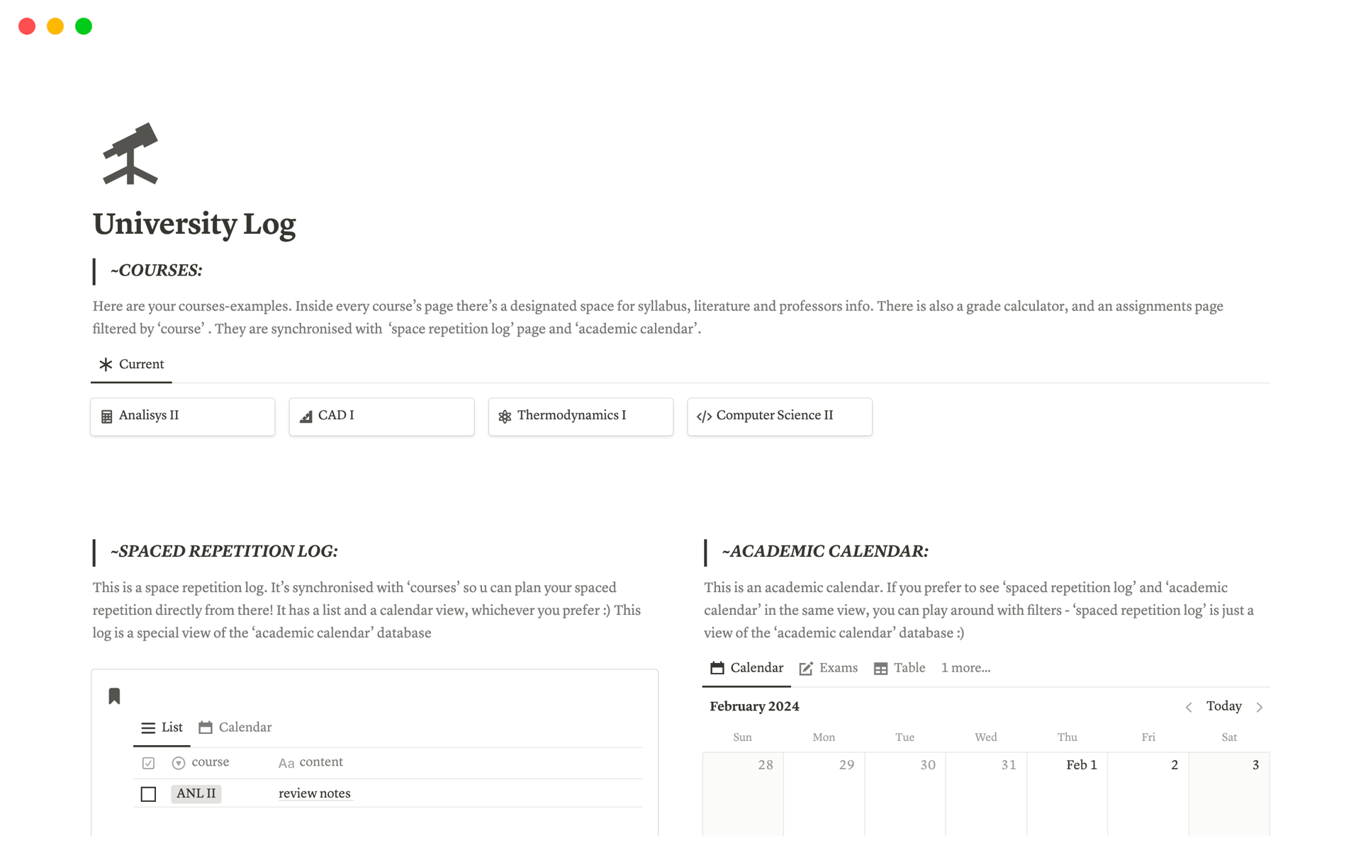 A template preview for University Log