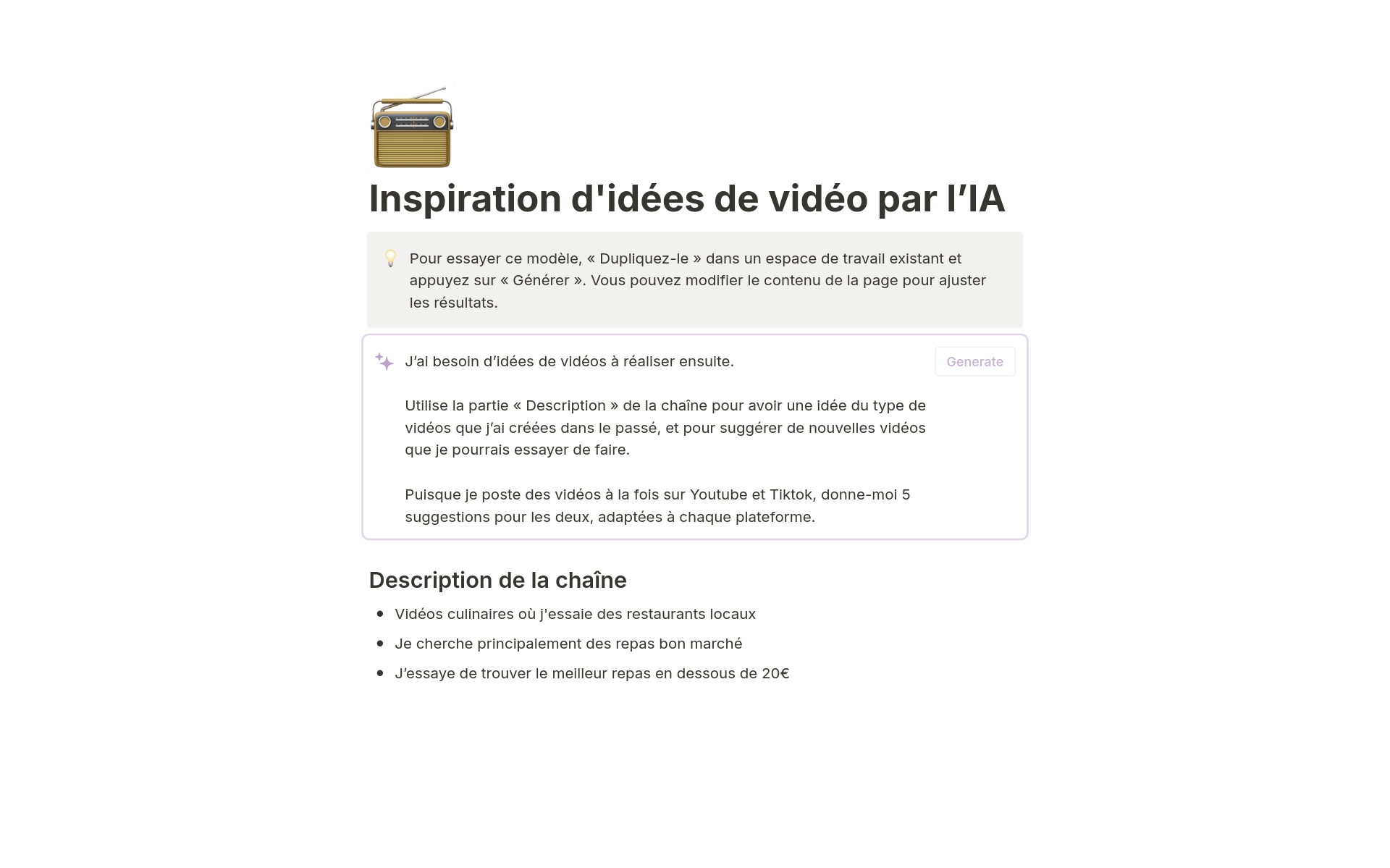 Aperçu du modèle de Inspiration d'idées de vidéo par l’IA