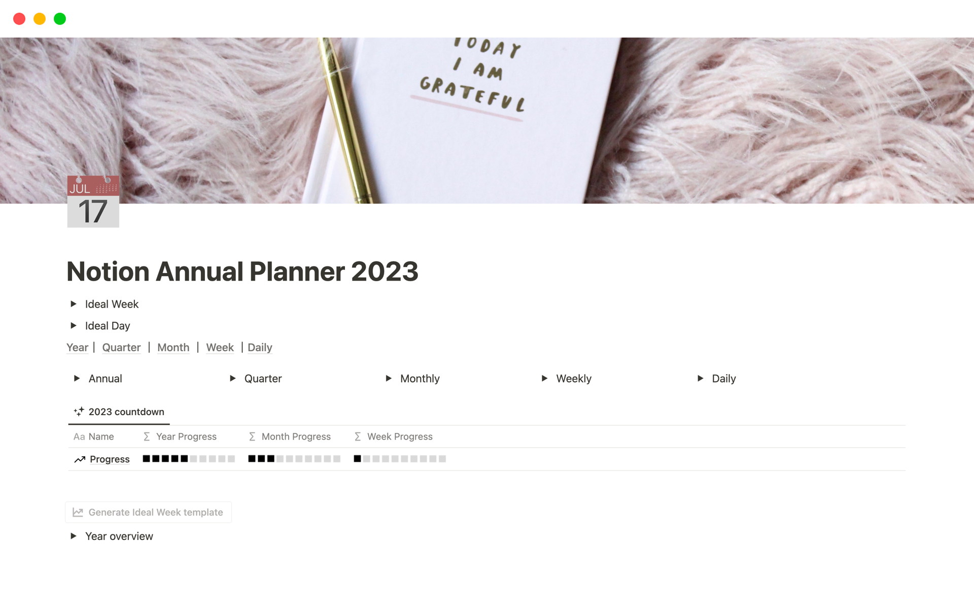 Vista previa de una plantilla para Notion Annual Planner 2023