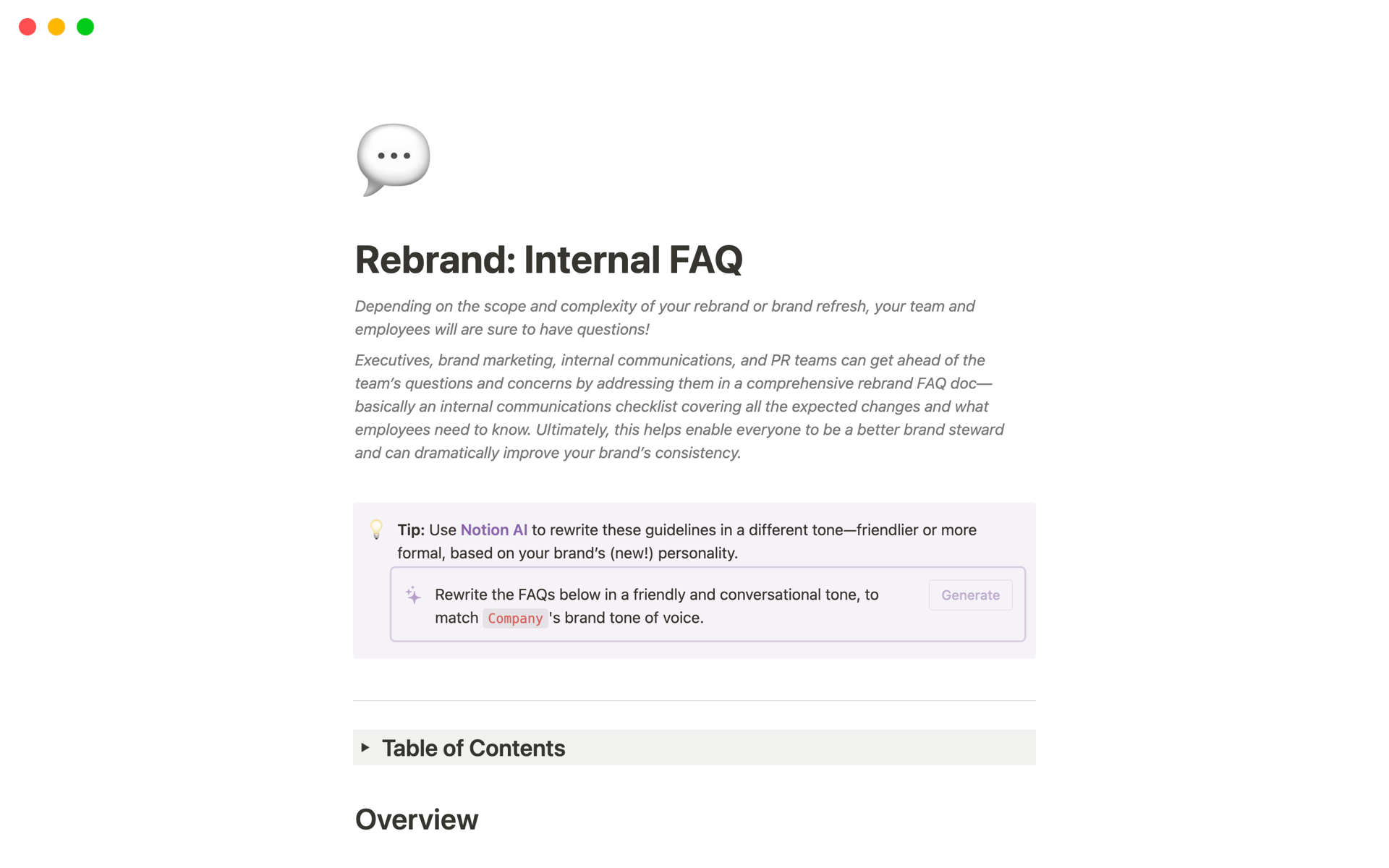 A template preview for Rebrand: Internal FAQ