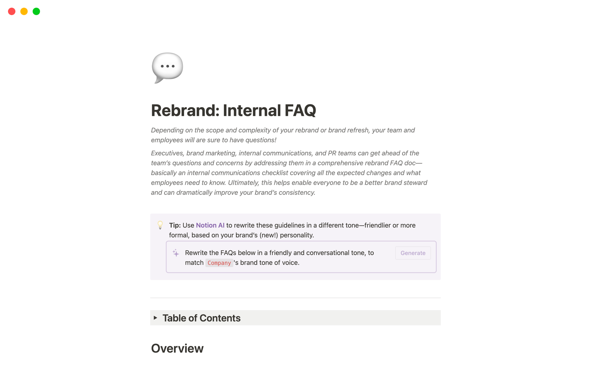 En forhåndsvisning av mal for Rebrand: Internal FAQ